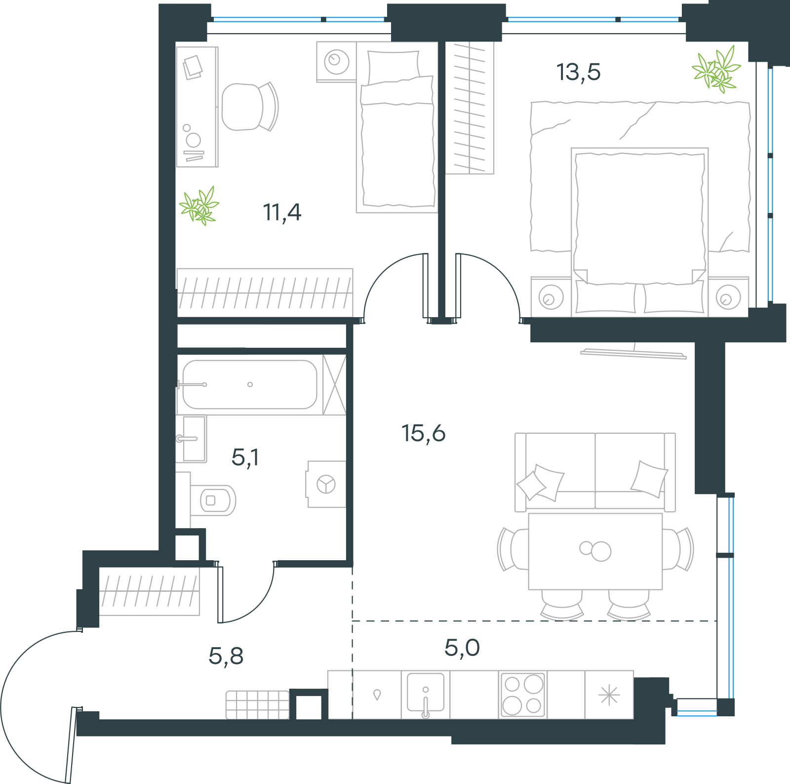 Планировка: 3-комнатная, 56,4 м²