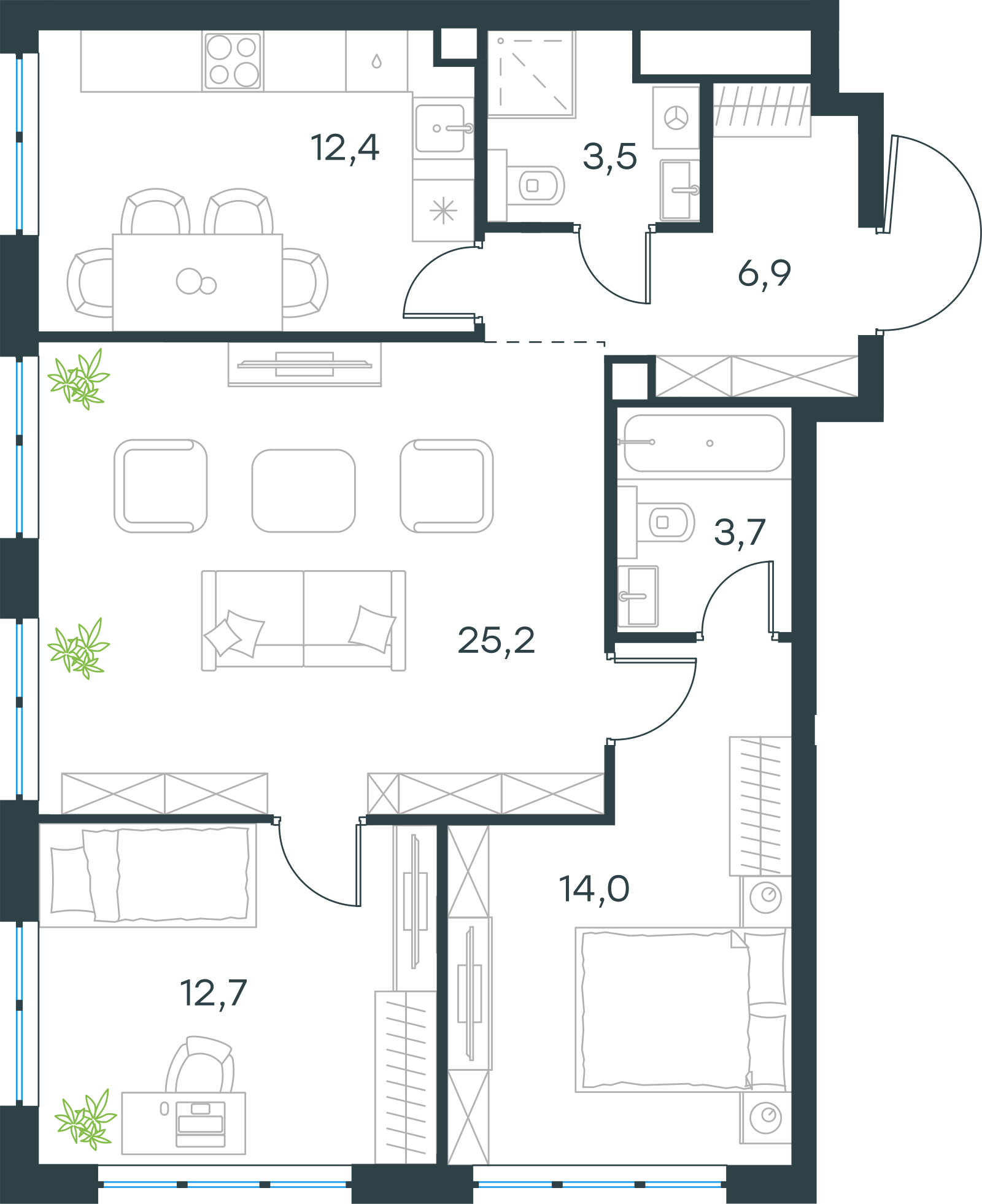 Планировка: 3-комнатная, 78,4 м²