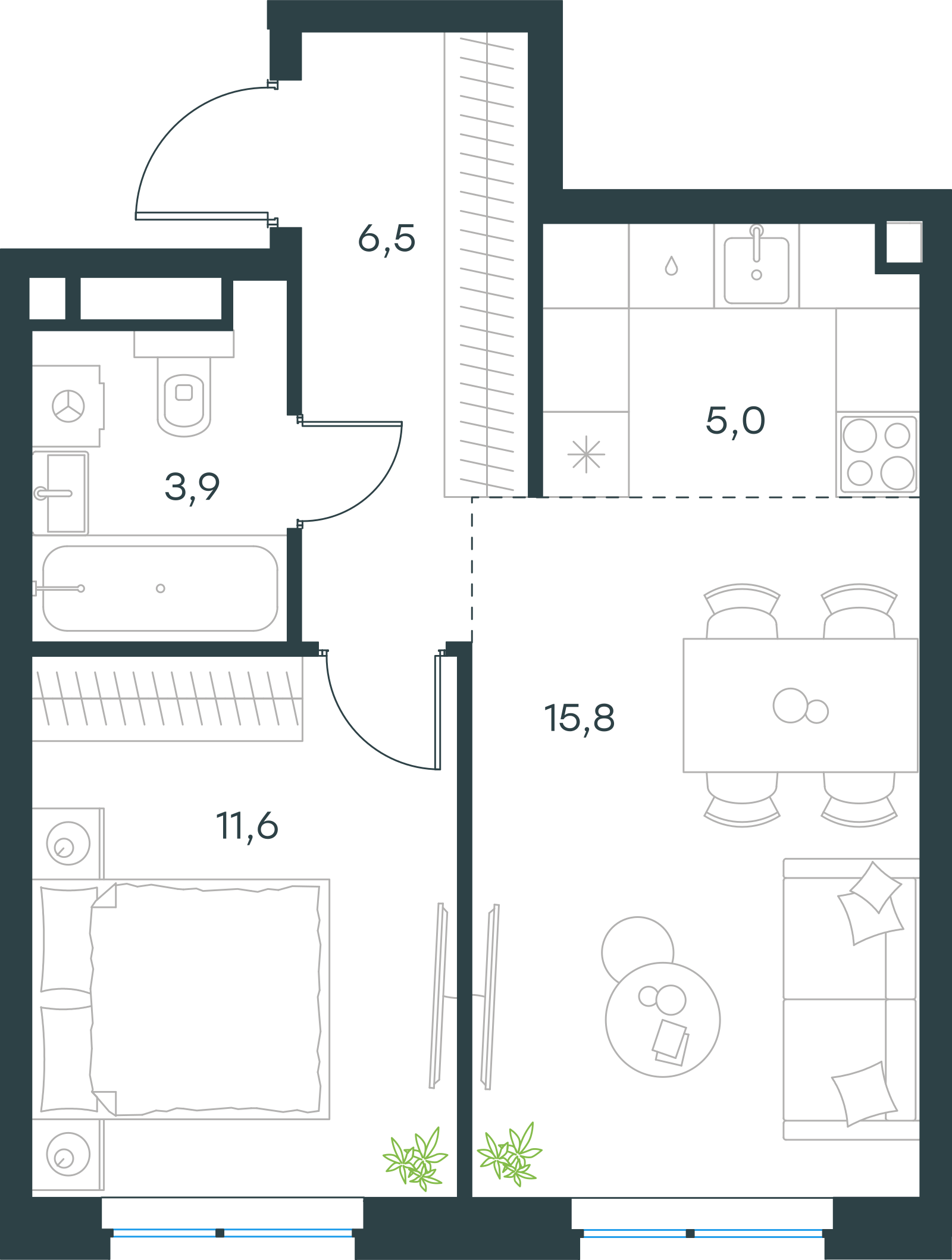 Планировка: 2-комнатная, 42,8 м²