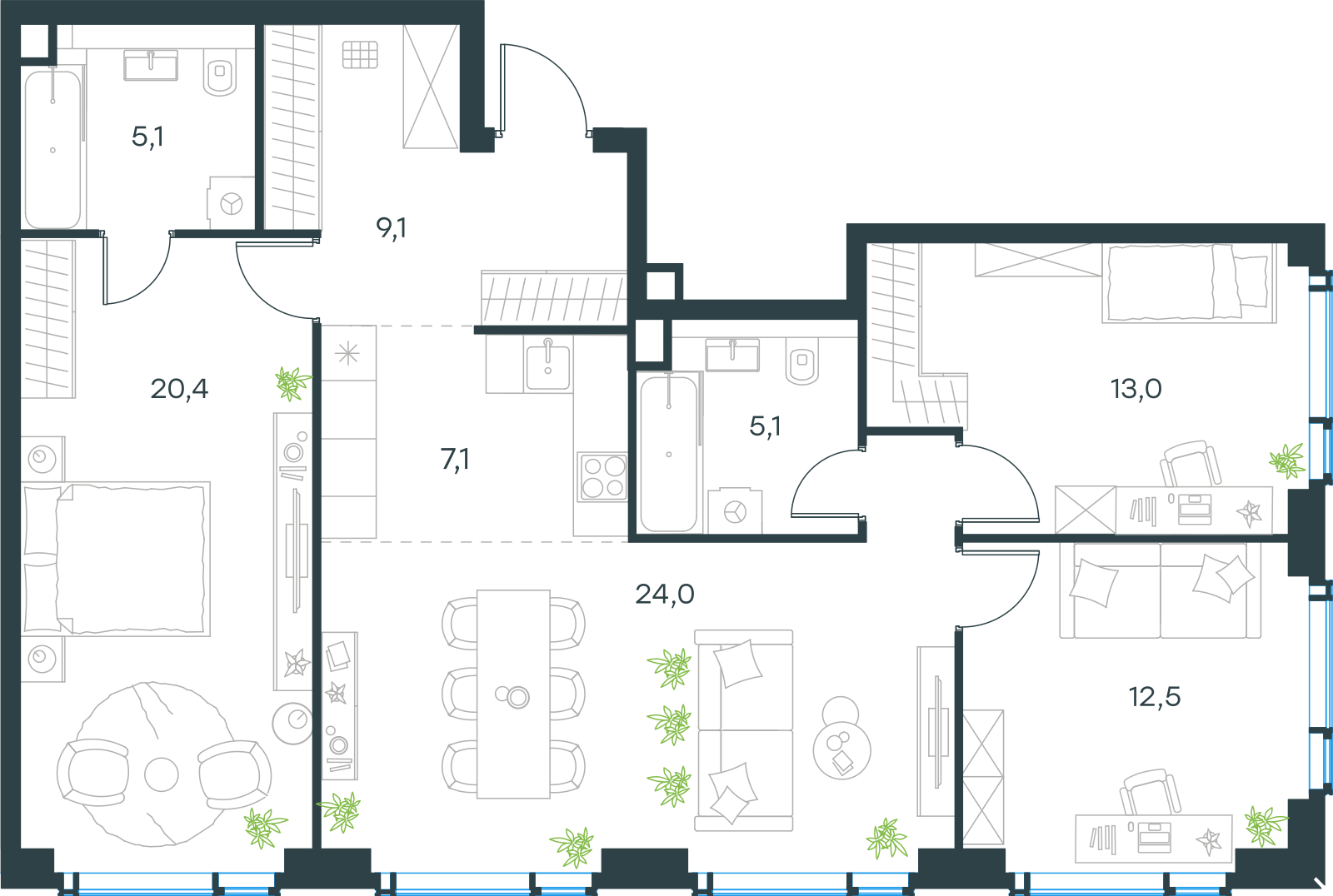 Планировка: 4-комнатная, 96,3 м²