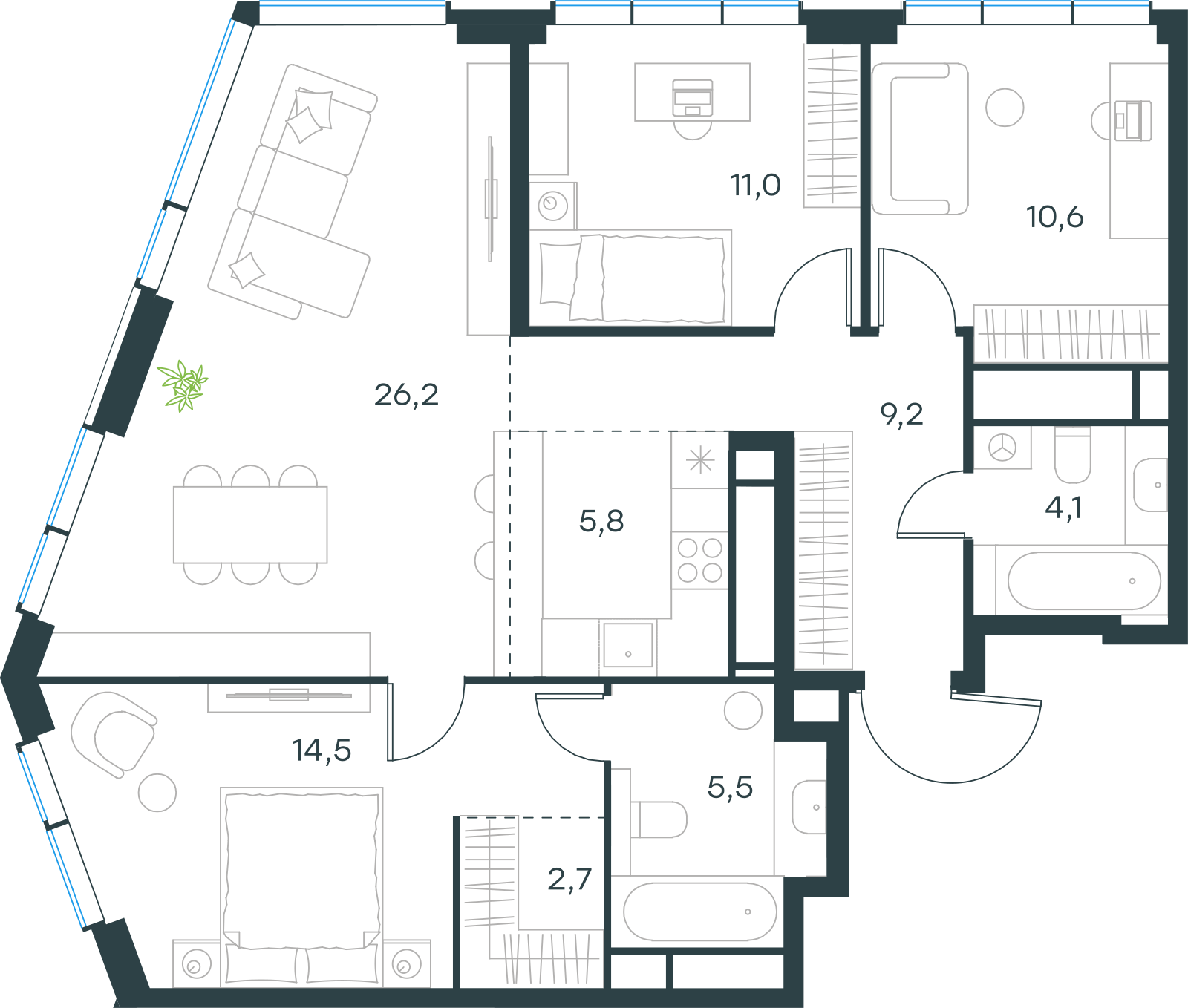 Планировка: 4-комнатная, 88,8 м²