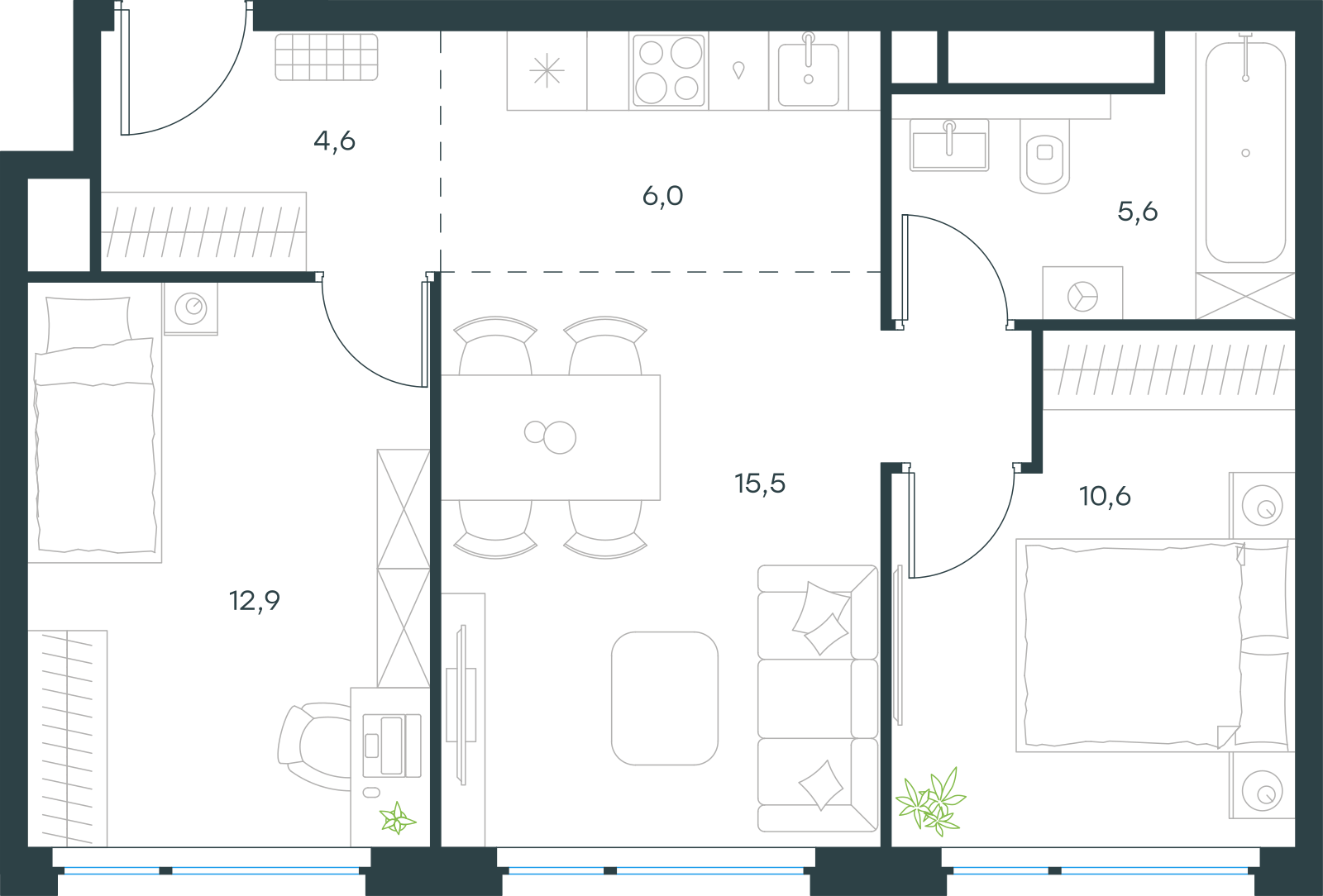 Планировка: 3-комнатная, 55,2 м²