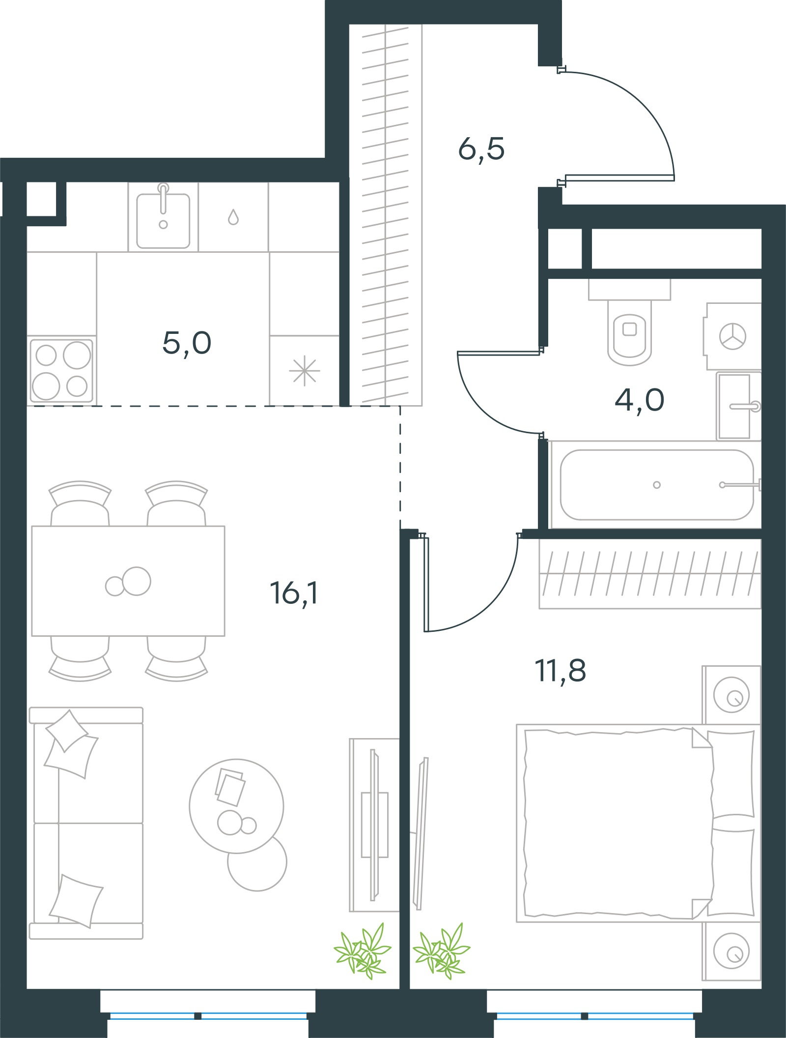 Планировка: 2-комнатная, 43,4 м²