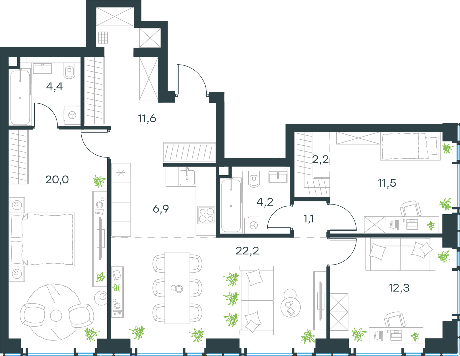Планировка: 4-комнатная, 96,4 м²