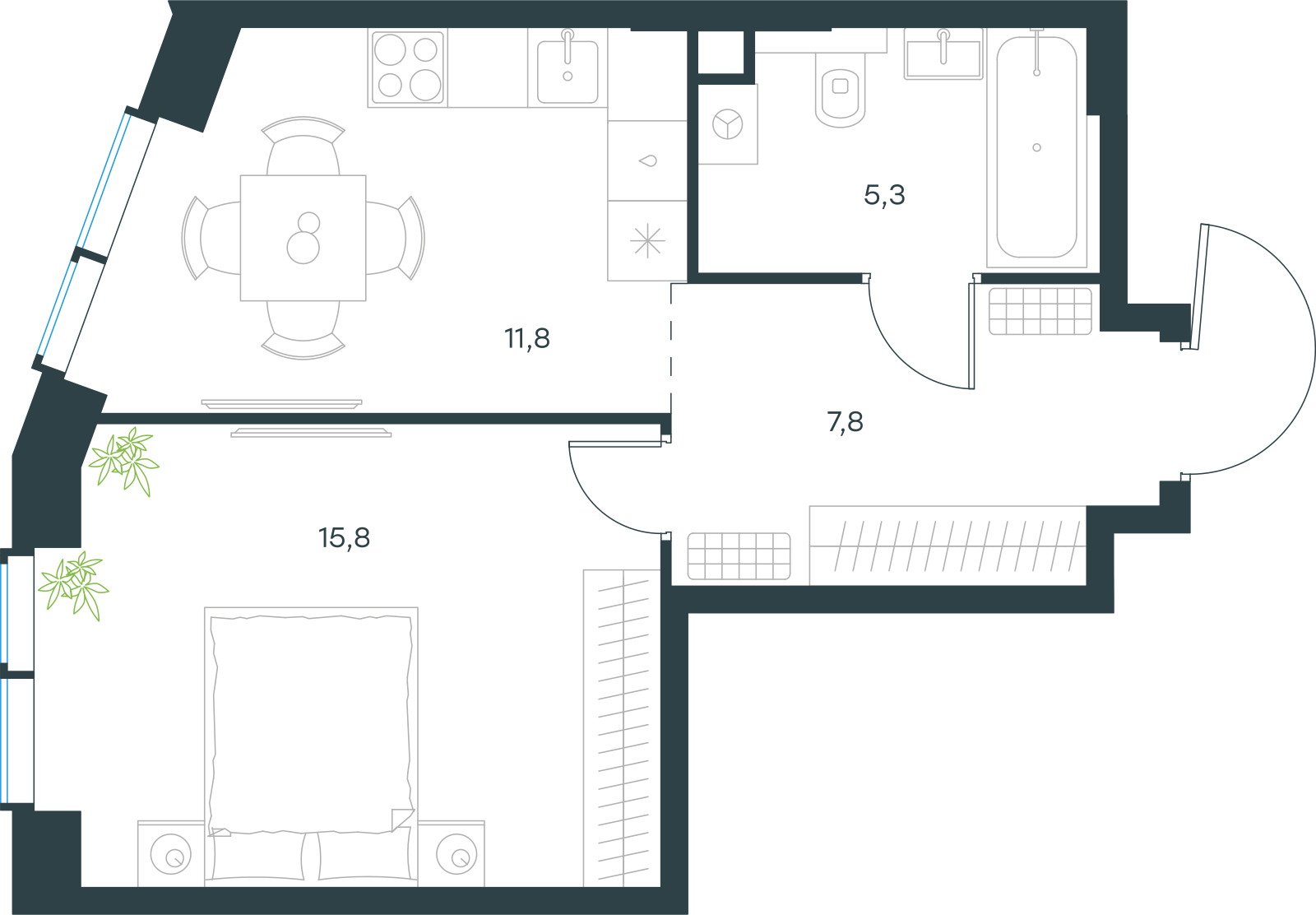 Планировка: 1-комнатная, 40,7 м²