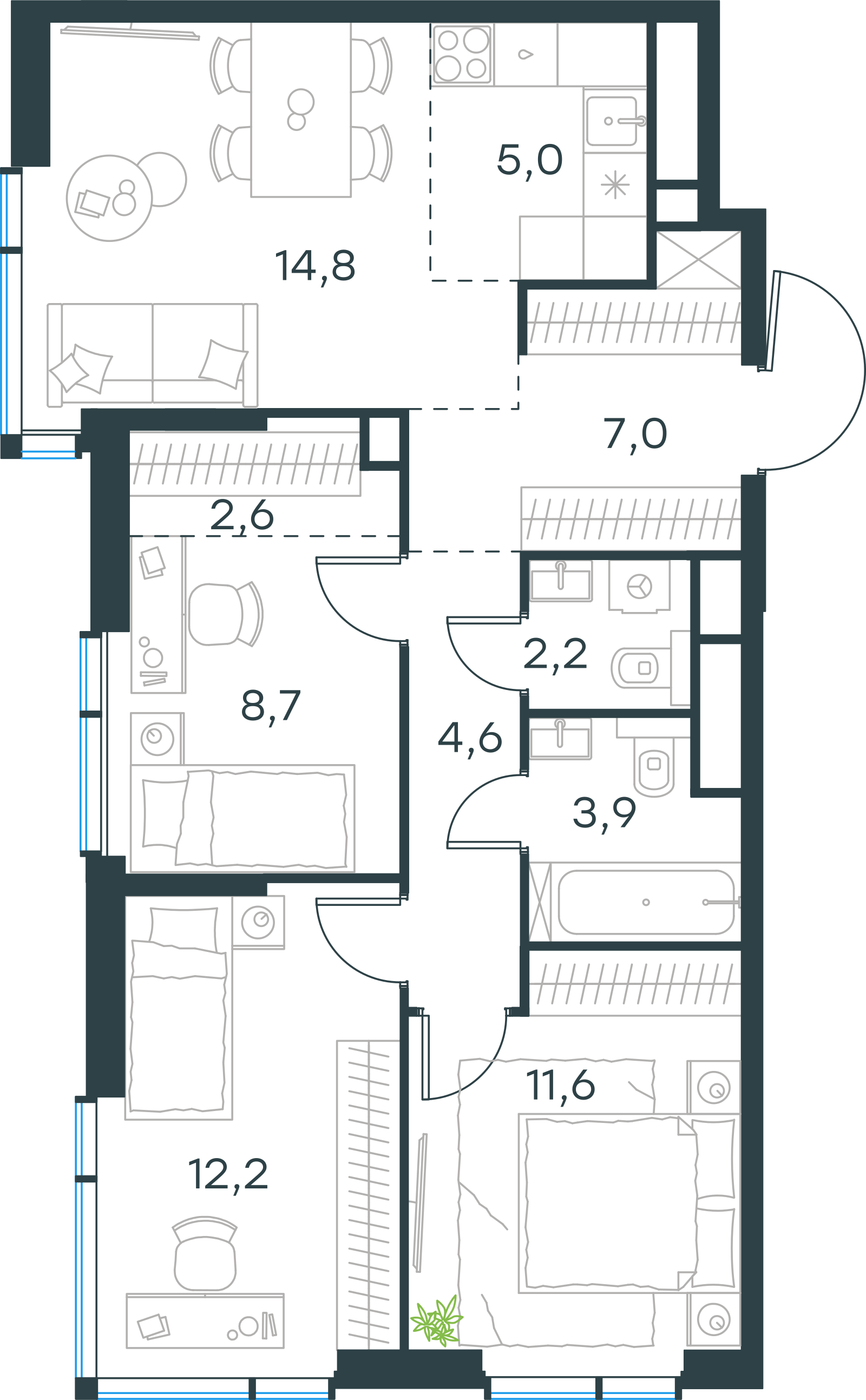 Планировка: 4-комнатная, 72,6 м²