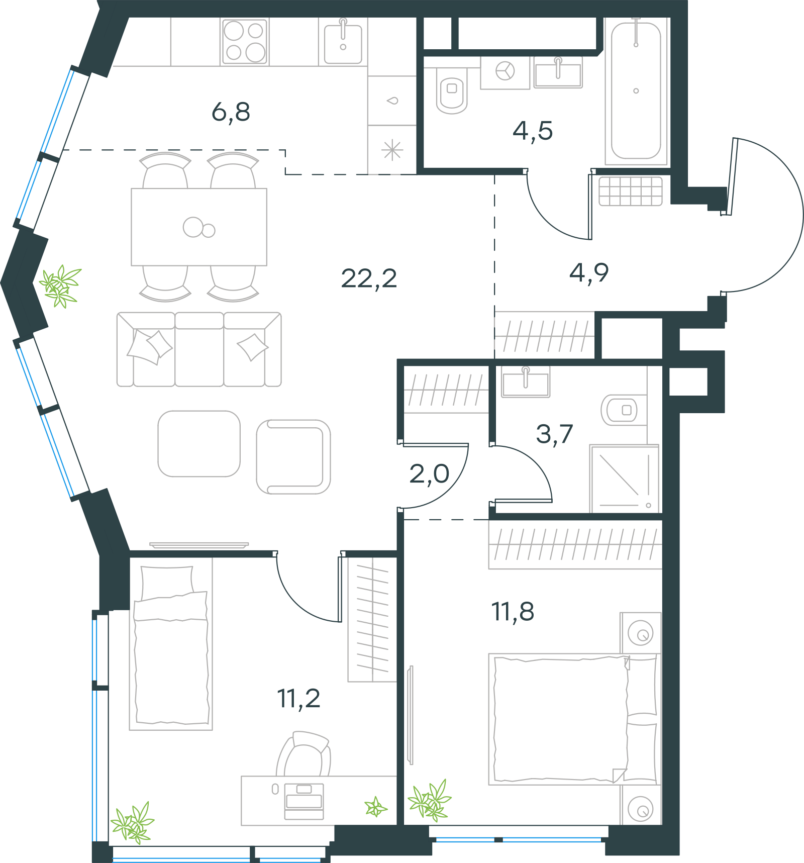 Планировка: 3-комнатная, 67,1 м²