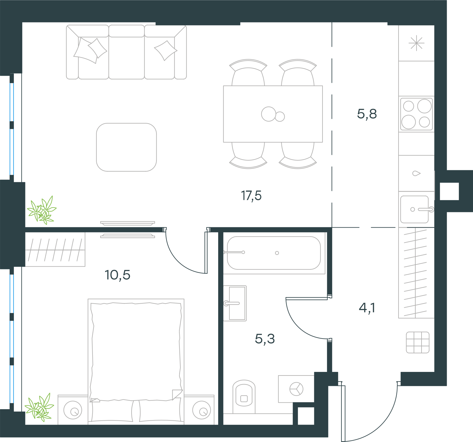 Планировка: 2-комнатная, 43,2 м²