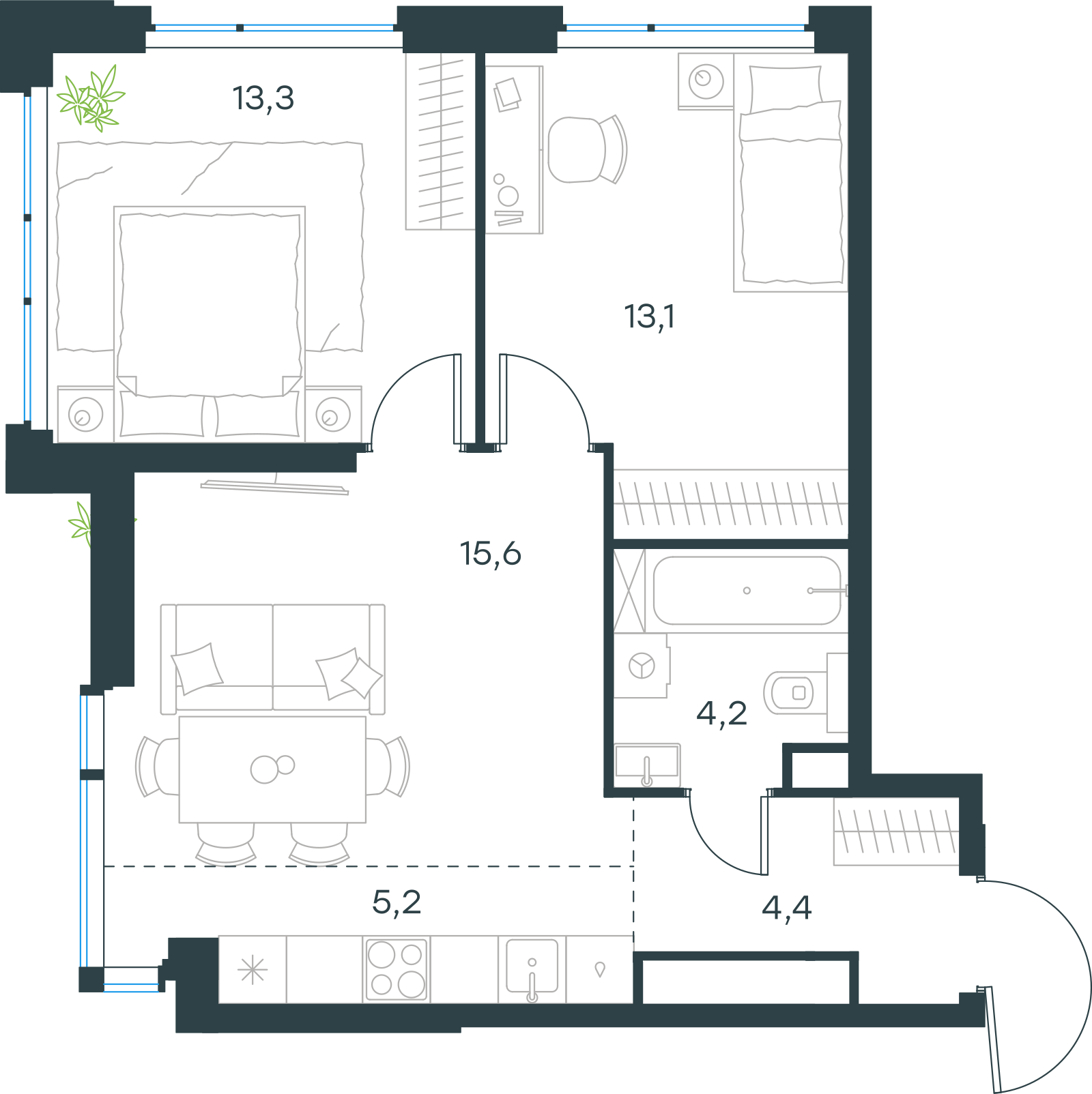 Планировка: 3-комнатная, 55,8 м²