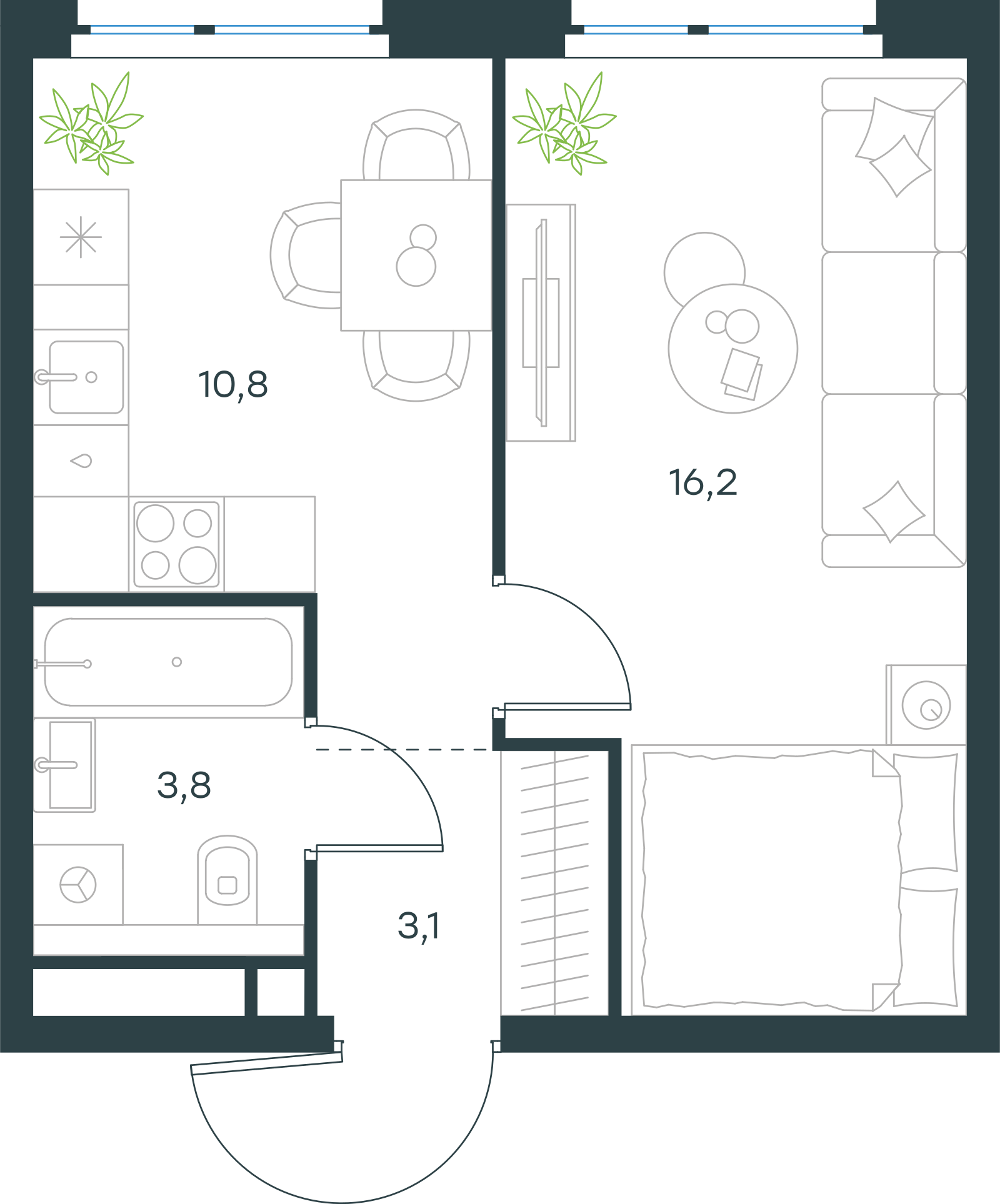Планировка: 1-комнатная, 33,9 м²