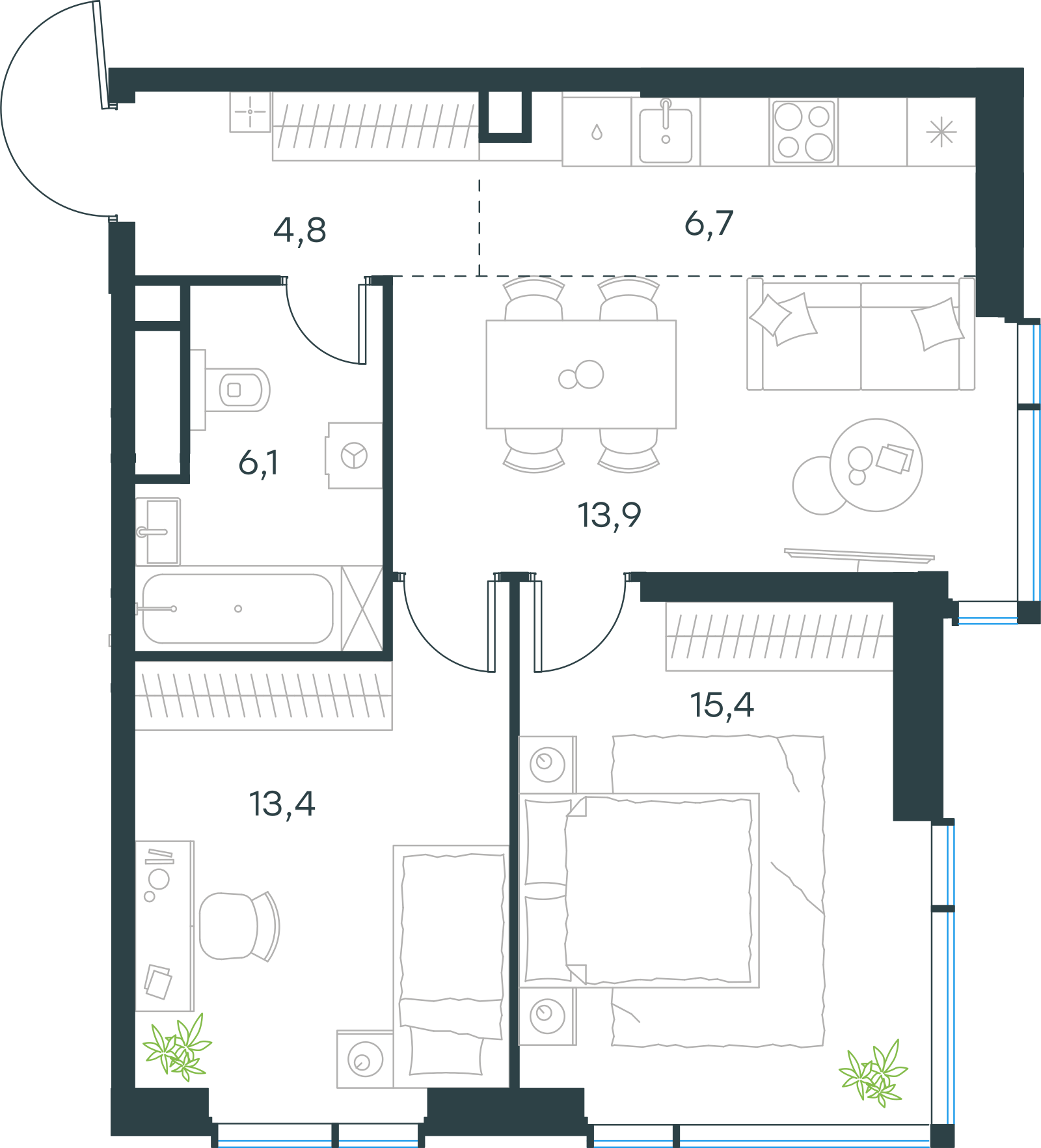 Планировка: 3-комнатная, 60,3 м²