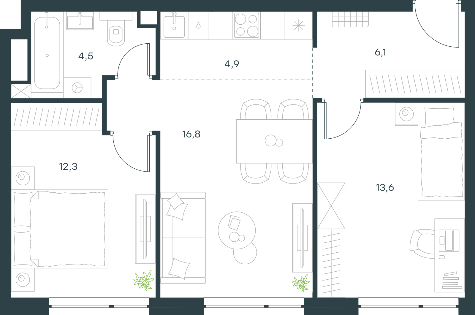 Планировка: 3-комнатная, 58,2 м²