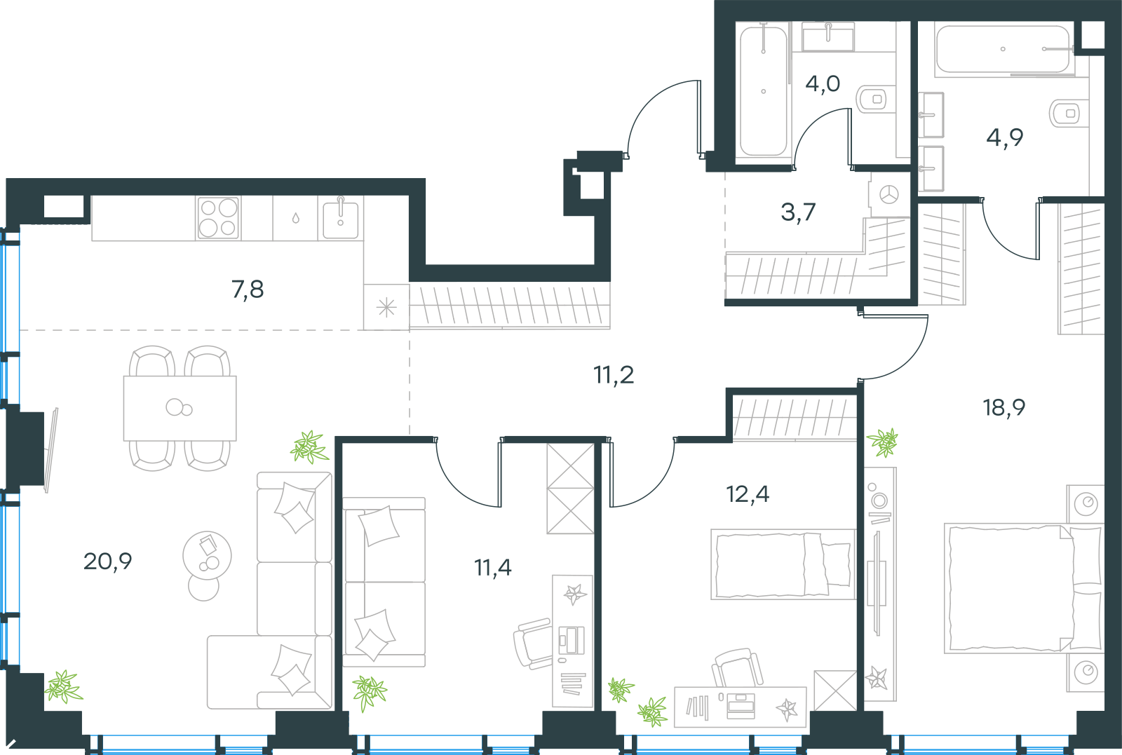 Планировка: 4-комнатная, 95,2 м²