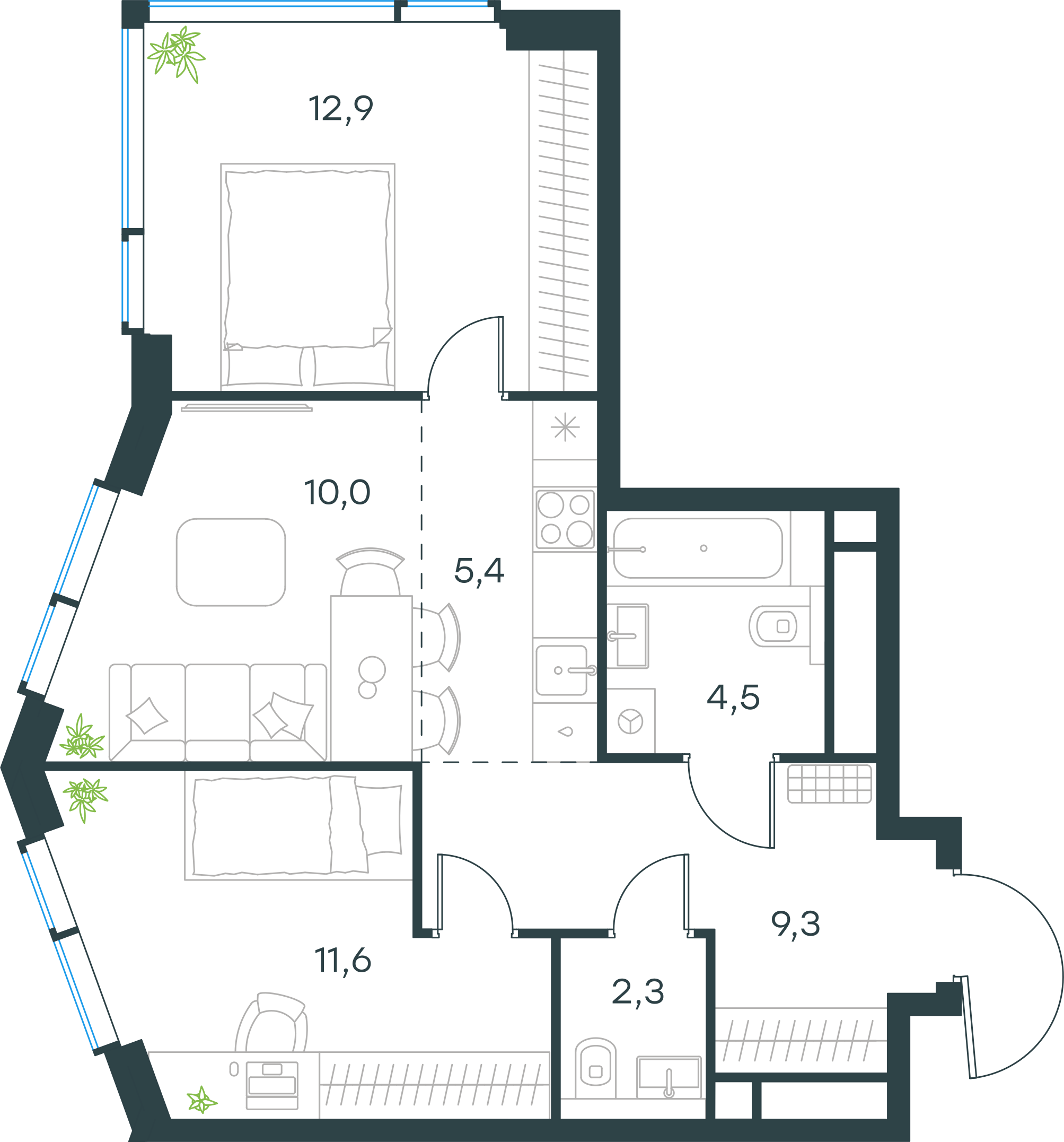 Планировка: 3-комнатная, 56 м²