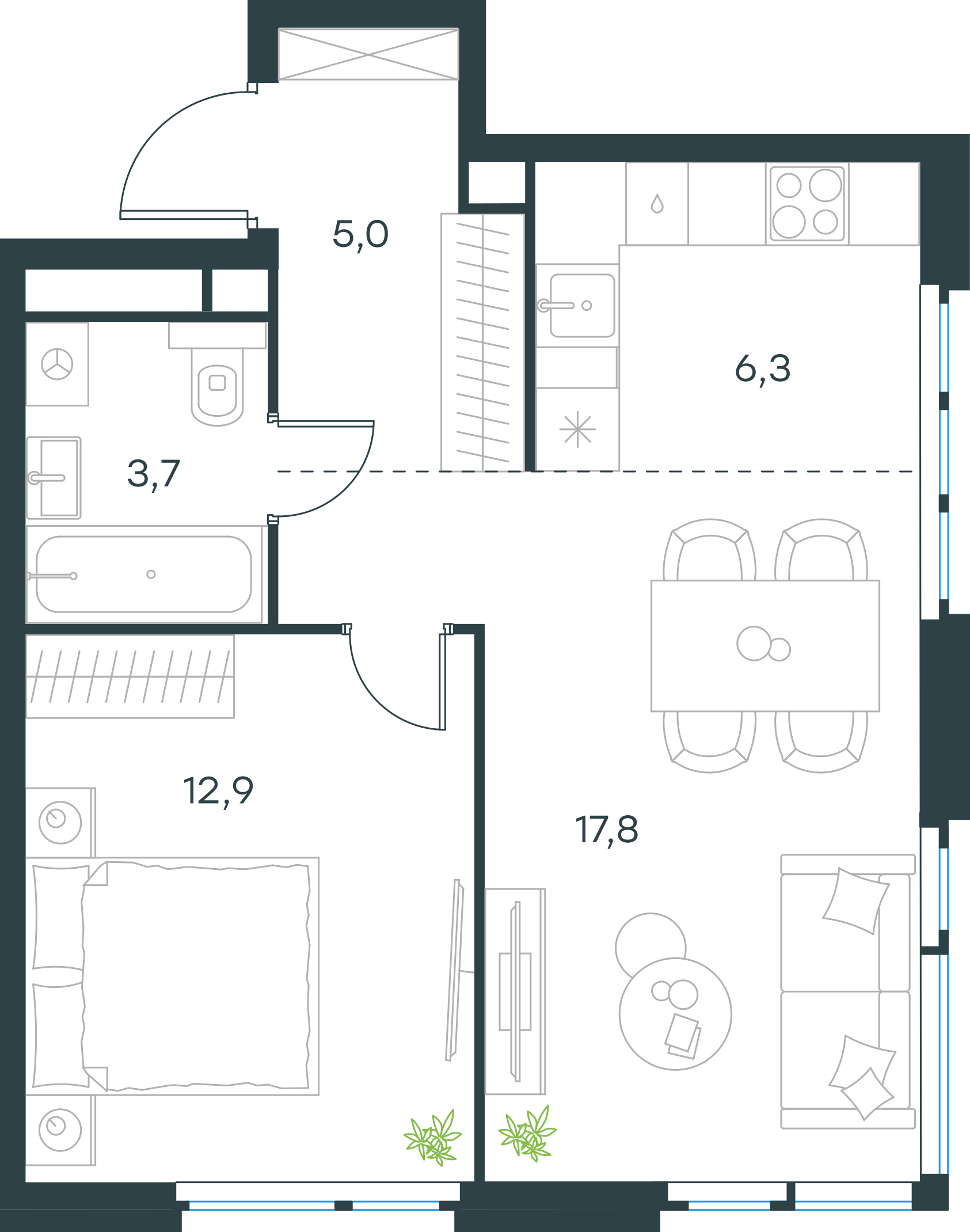 Планировка: 2-комнатная, 45,7 м²