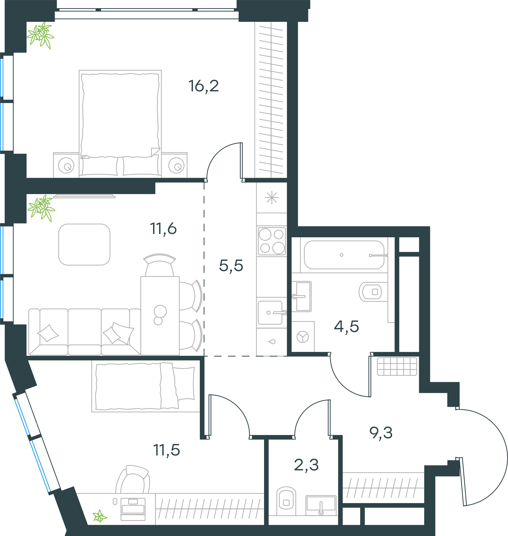 Планировка: 3-комнатная, 60,9 м²