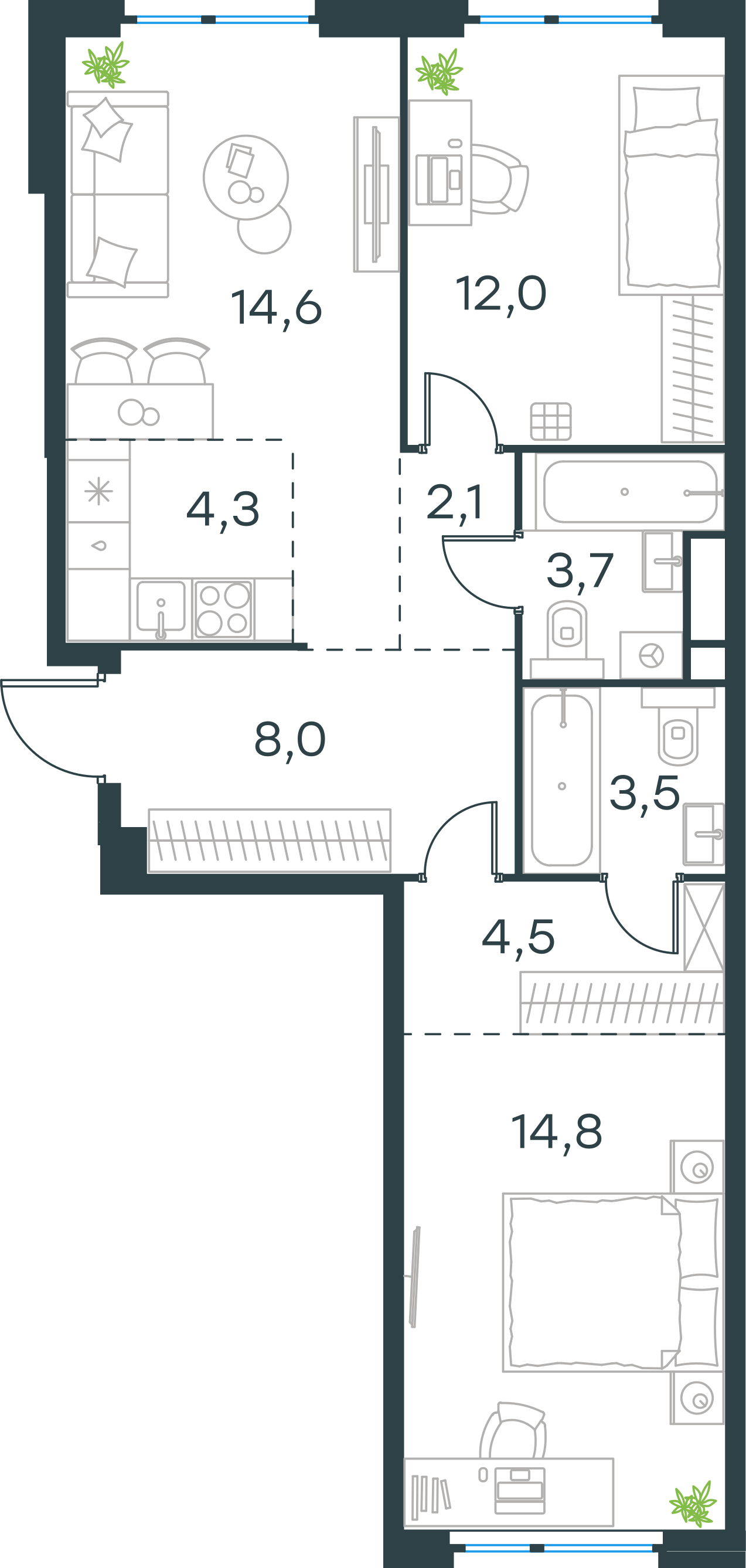 Планировка: 3-комнатная, 67,5 м²