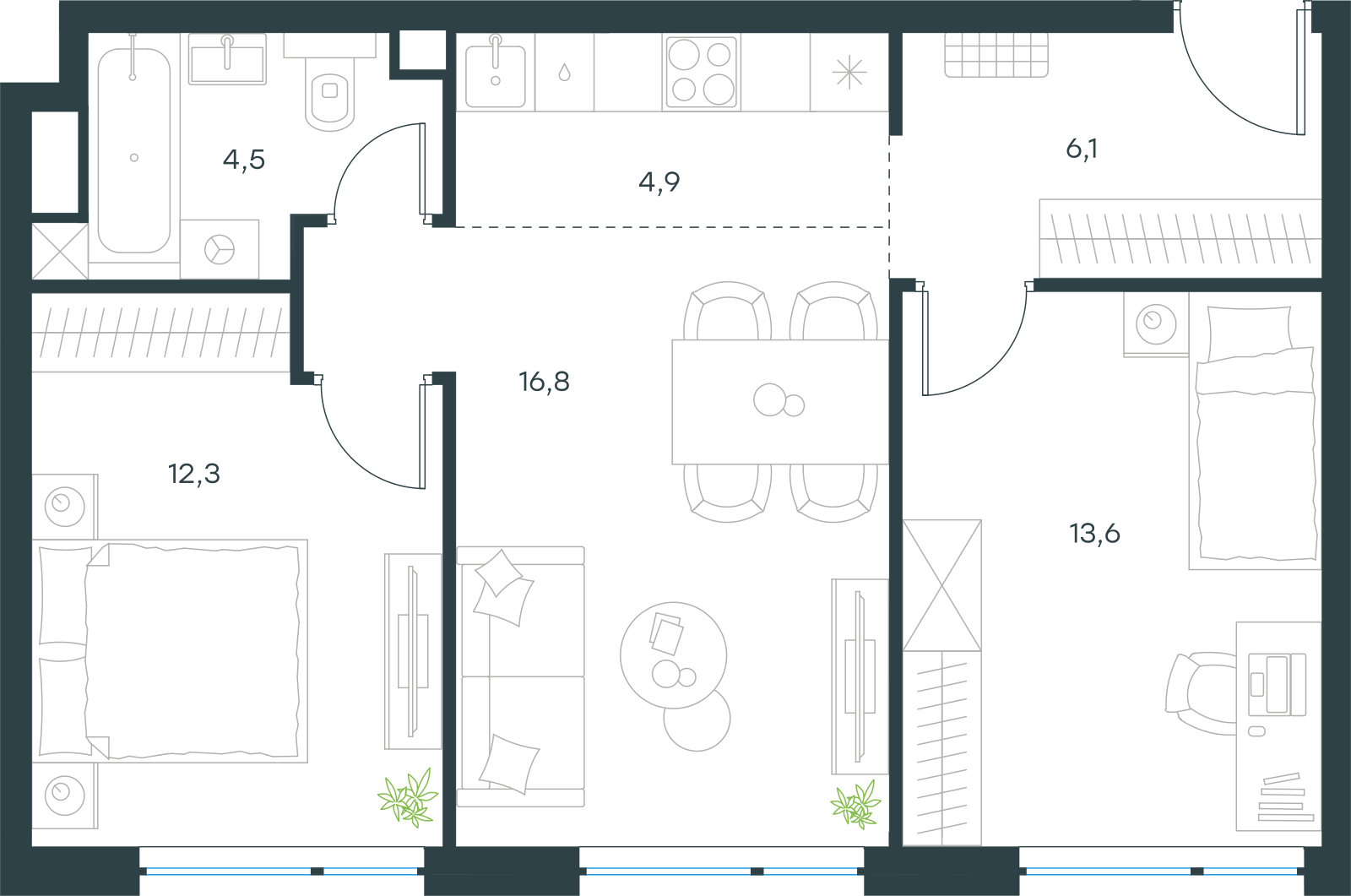 Планировка: 3-комнатная, 58,2 м²