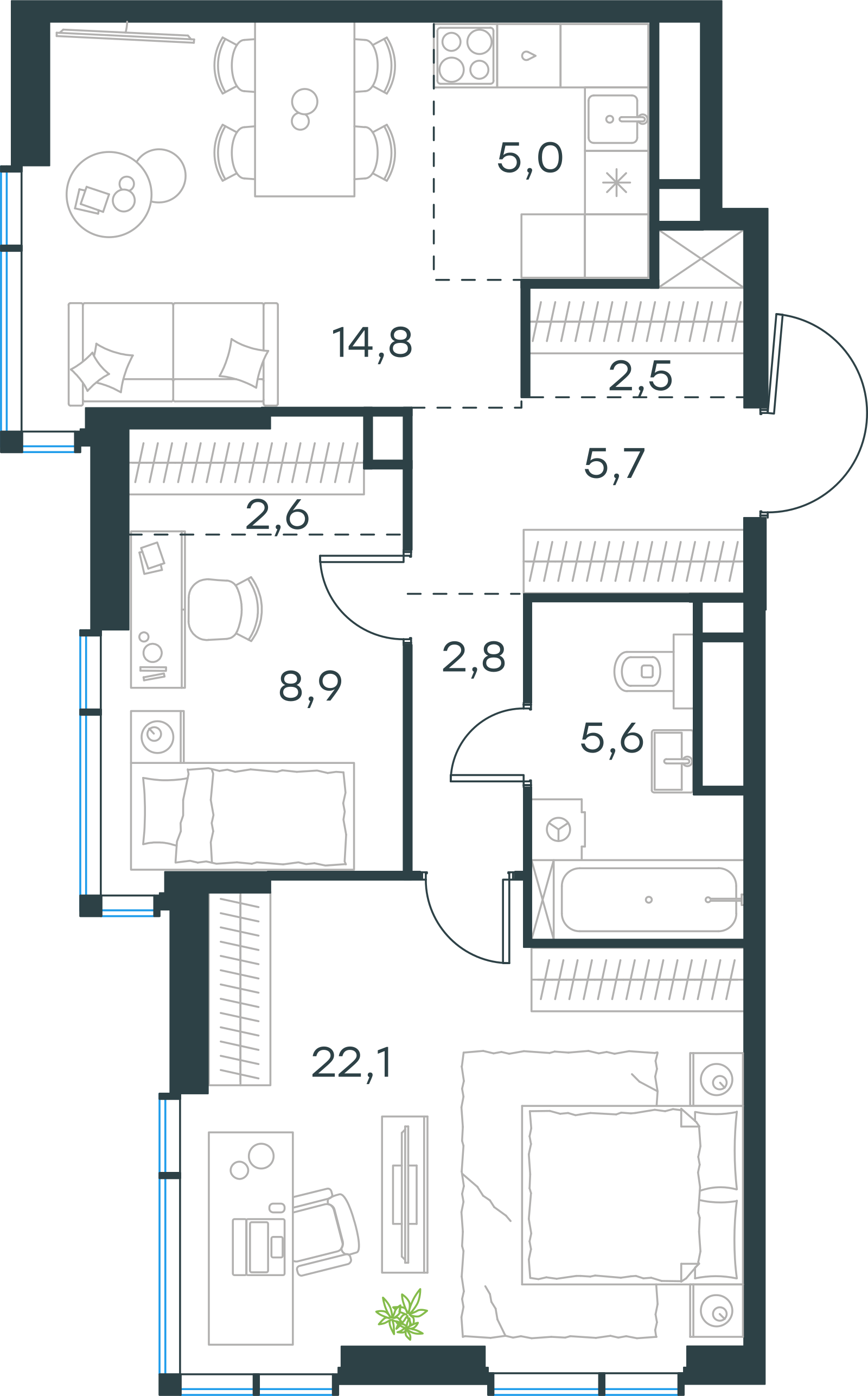 Планировка: 3-комнатная, 70 м²