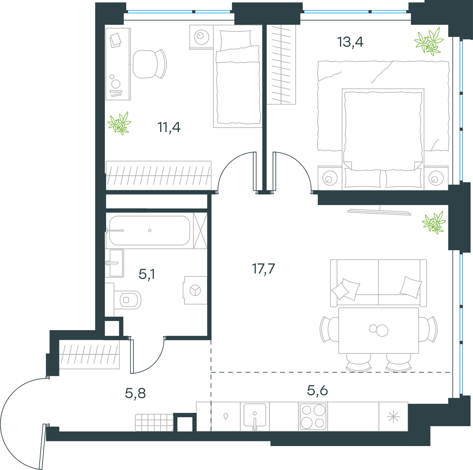 Планировка: 3-комнатная, 59 м²