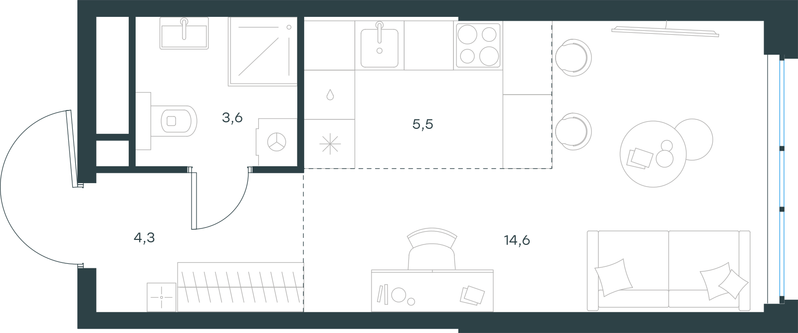 Планировка: Студия, 28 м²