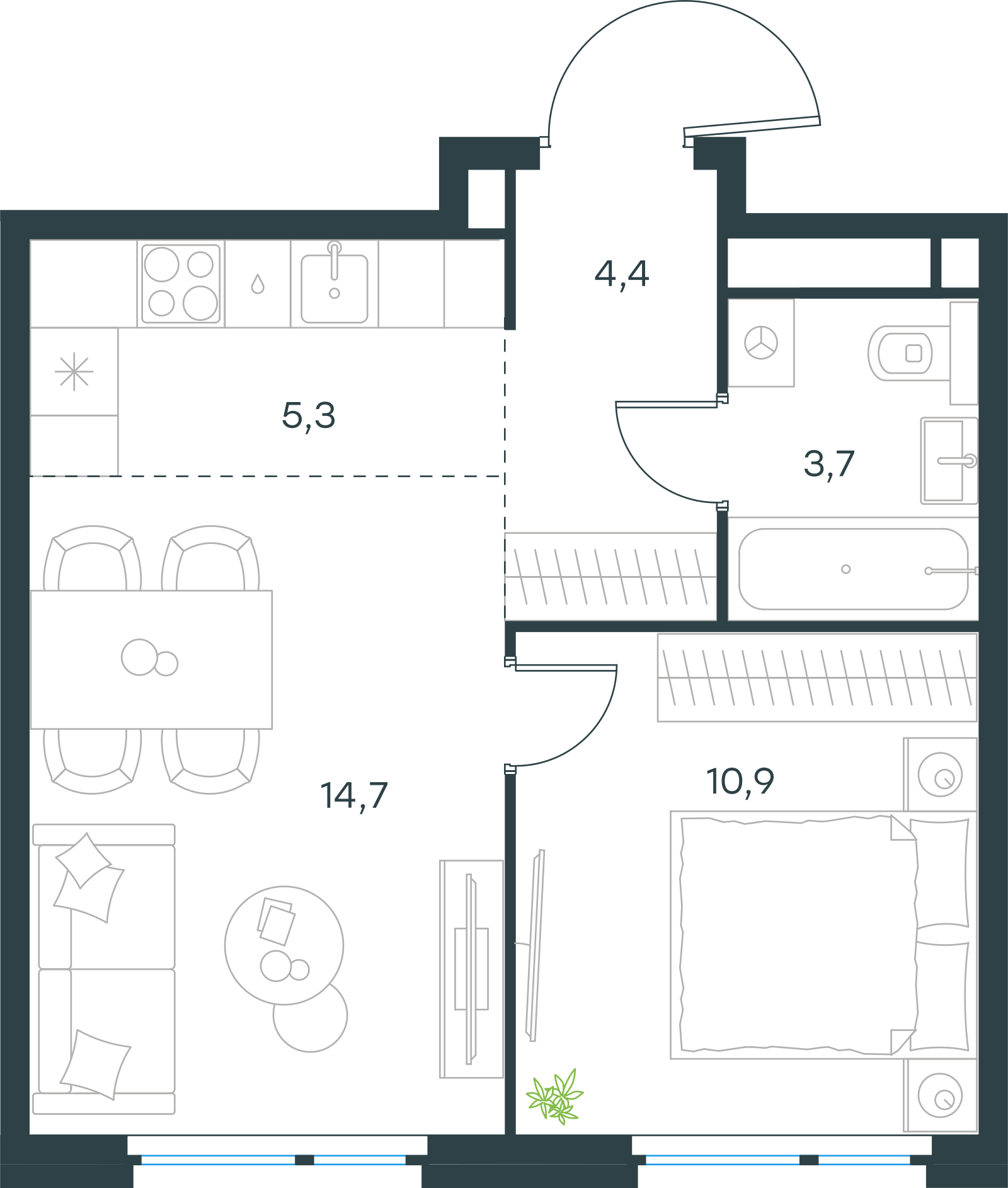 Планировка: 2-комнатная, 39 м²