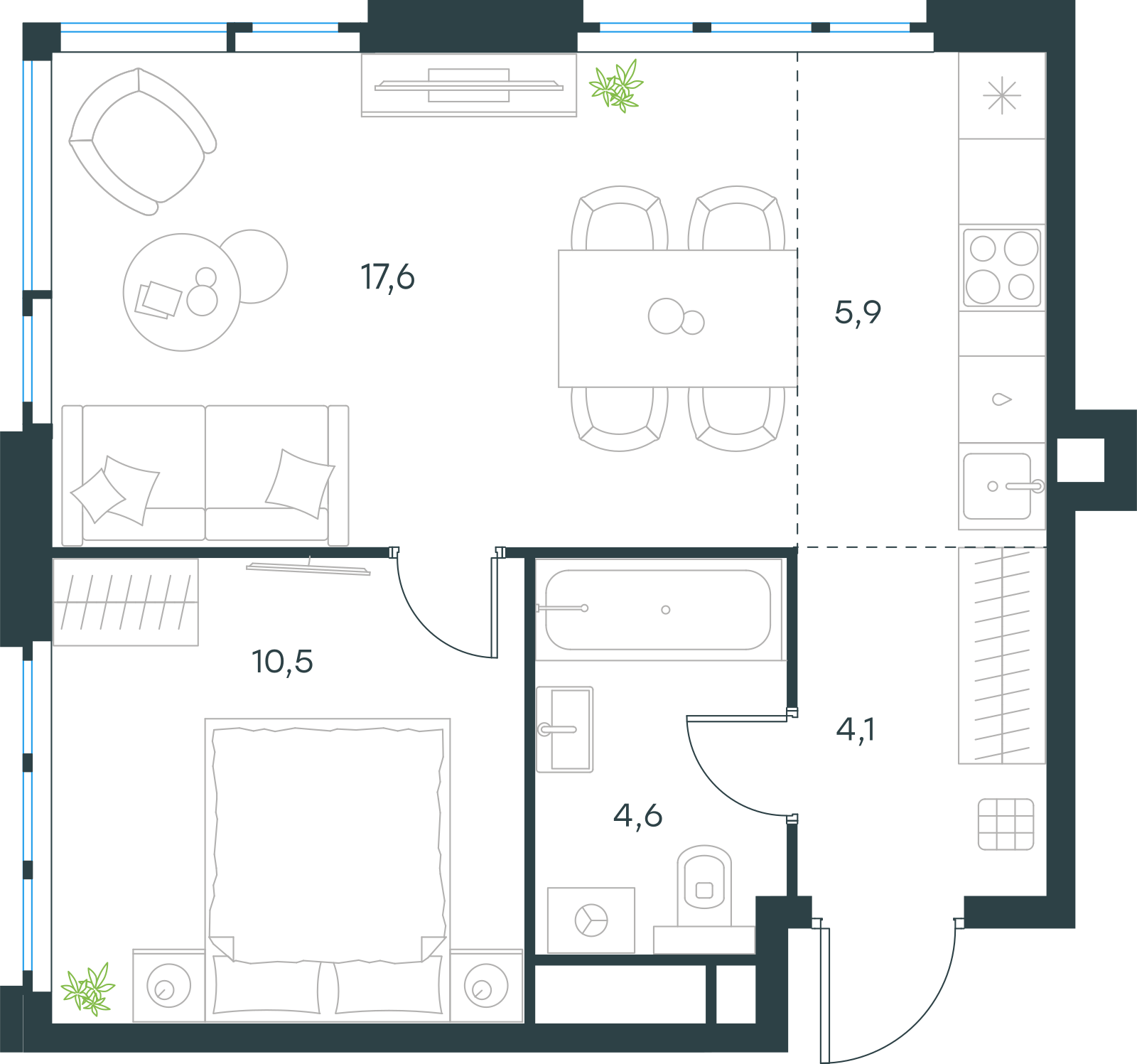 Планировка: 2-комнатная, 42,7 м²