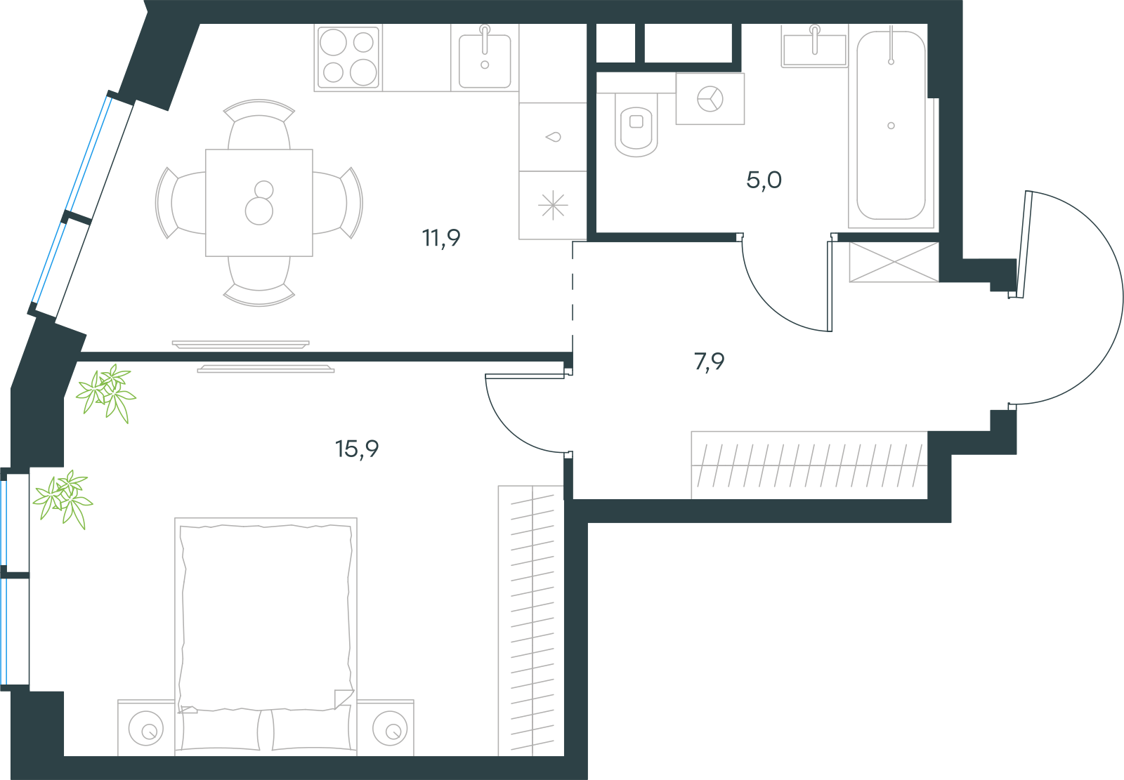 Планировка: 1-комнатная, 40,7 м²