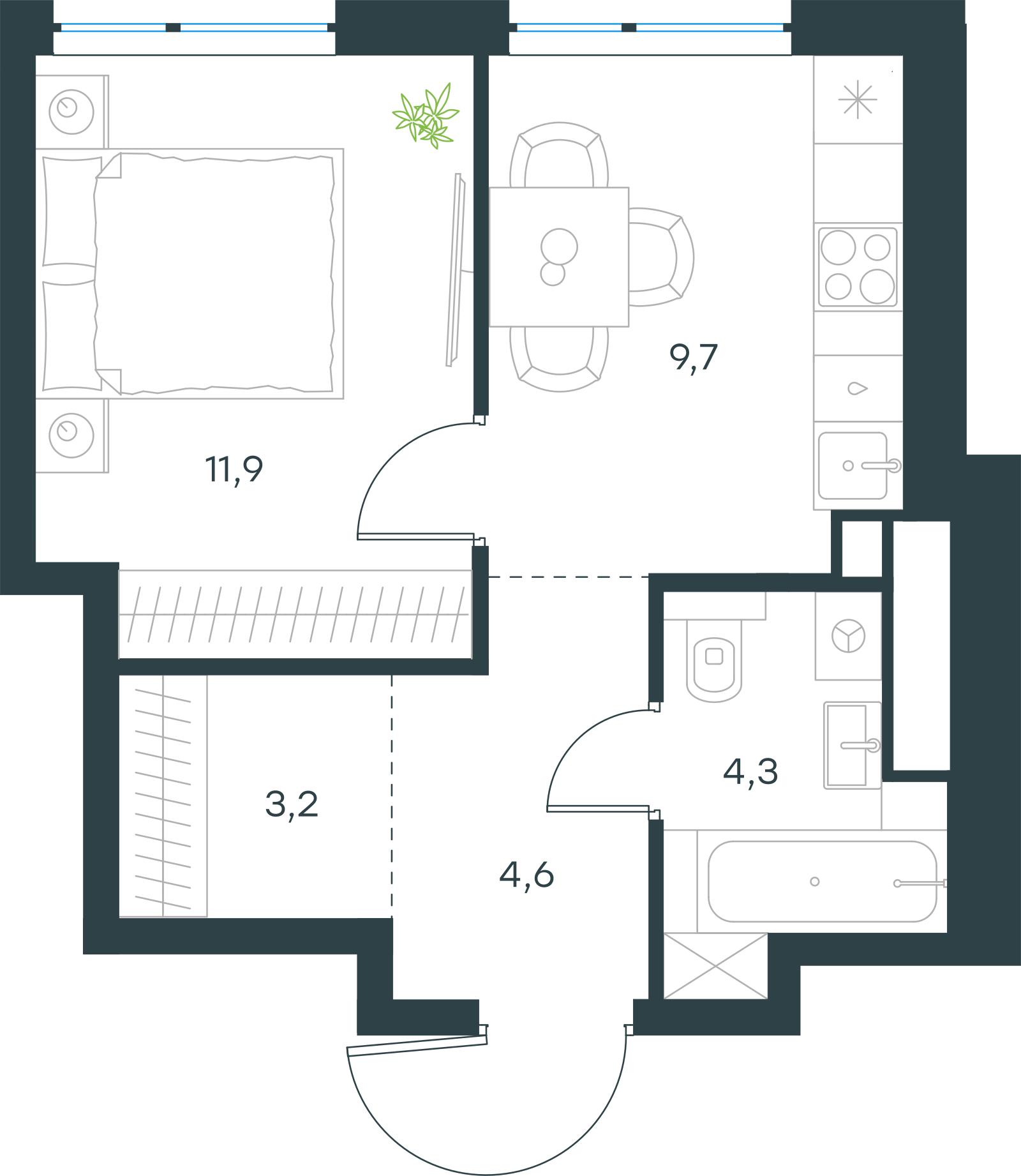 Планировка: 1-комнатная, 33,7 м²