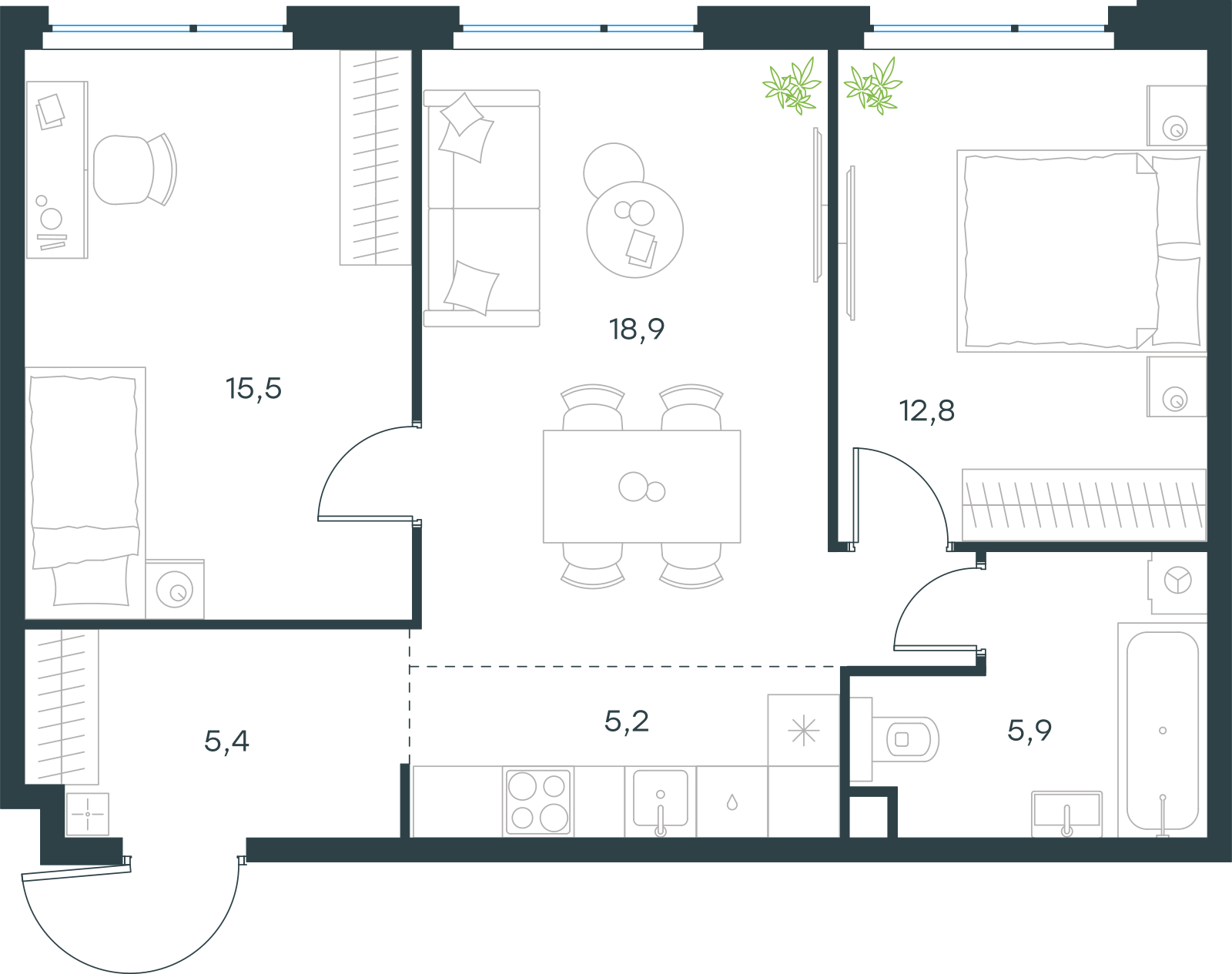 Планировка: 3-комнатная, 63,7 м²