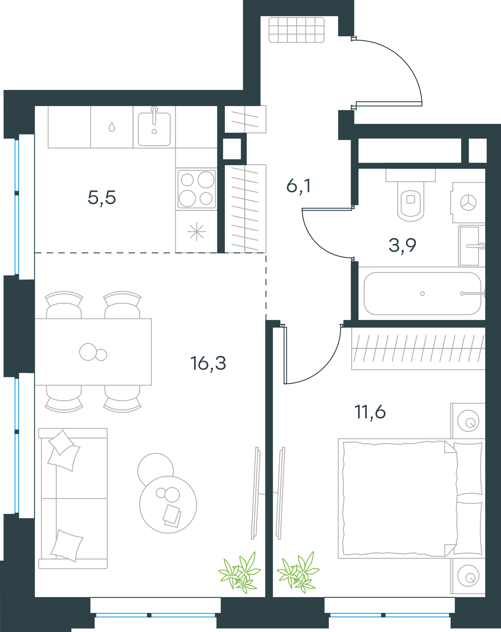 Планировка: 2-комнатная, 43,4 м²