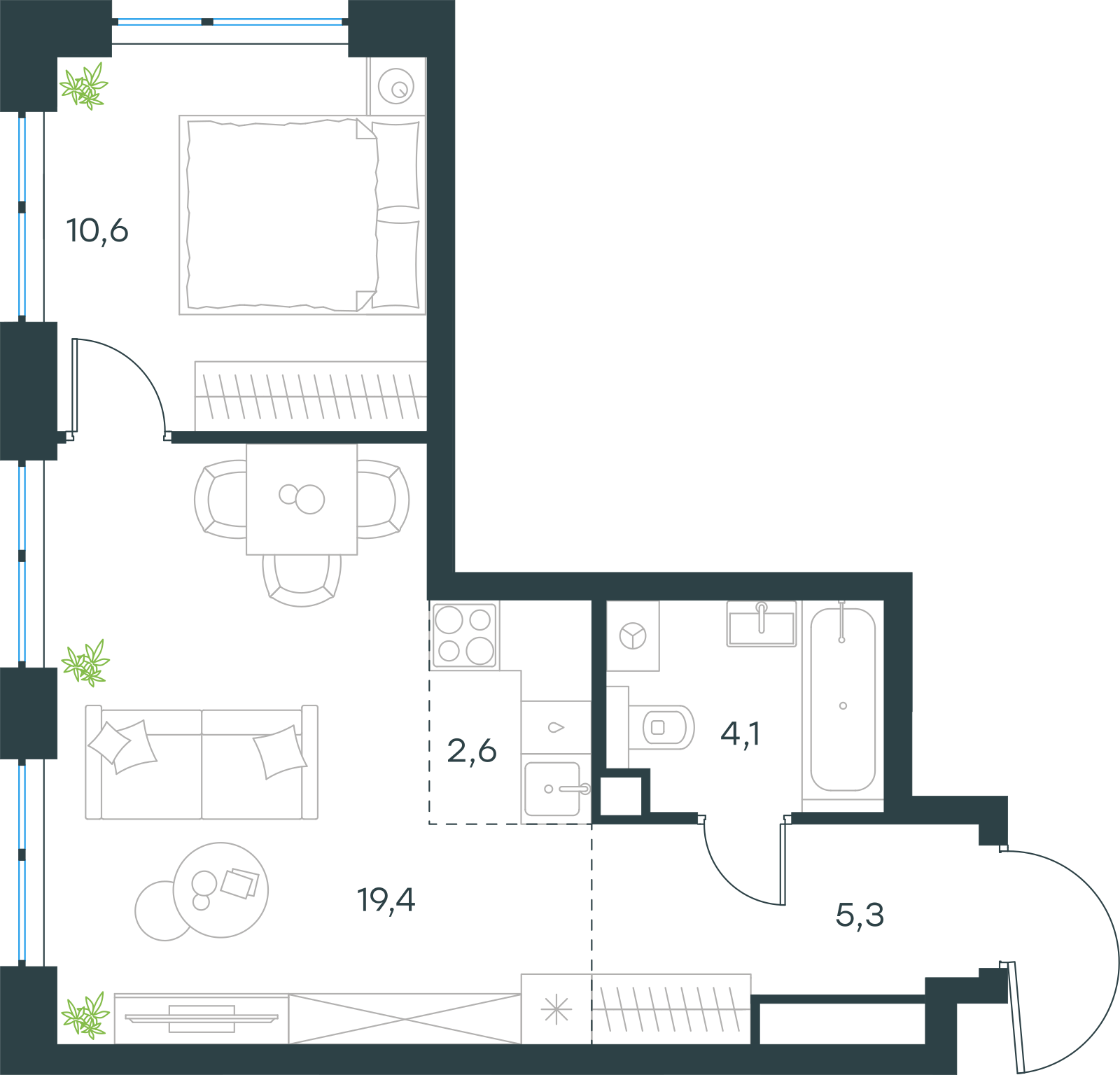 Планировка: 2-комнатная, 42 м²
