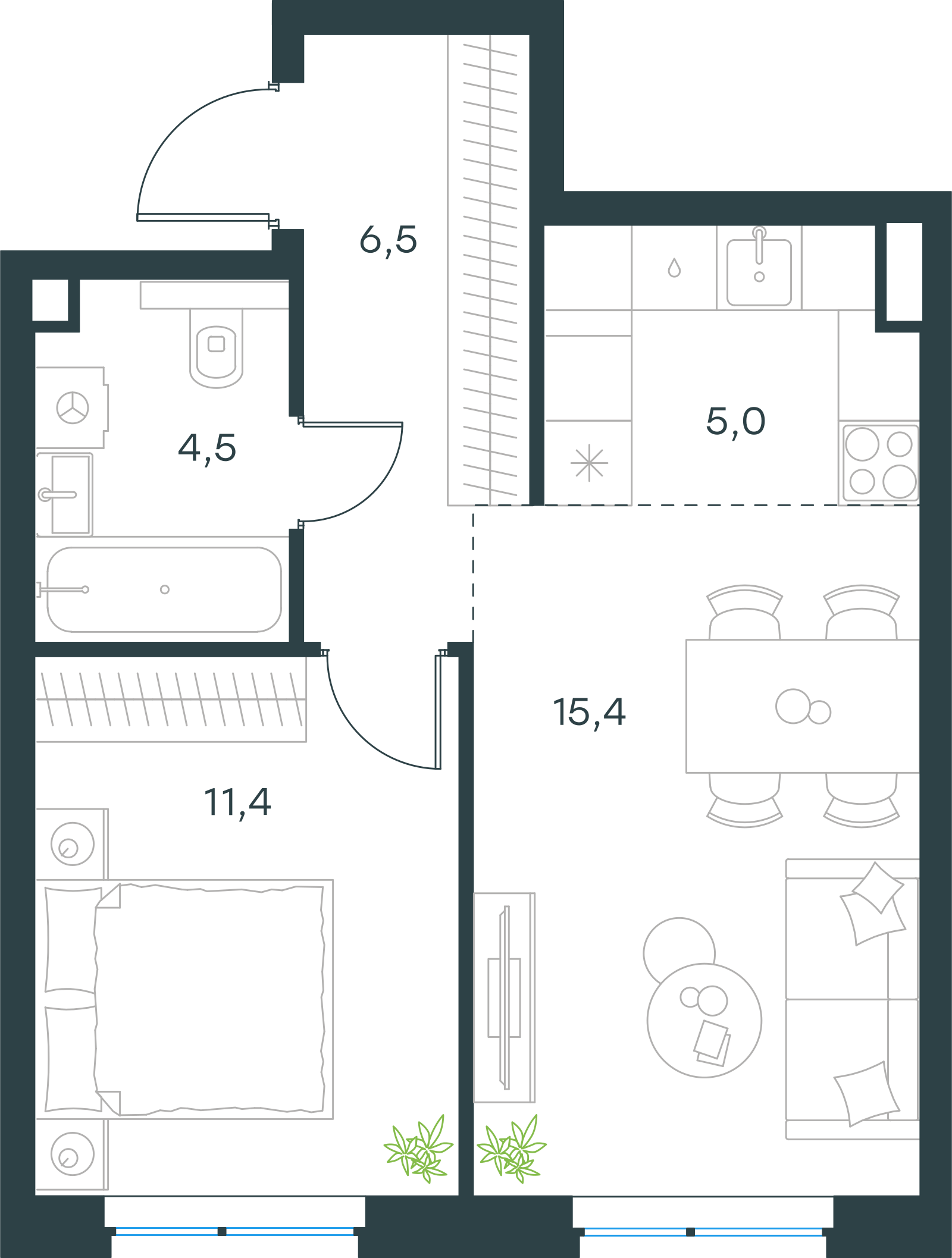 Планировка: 2-комнатная, 42,8 м²
