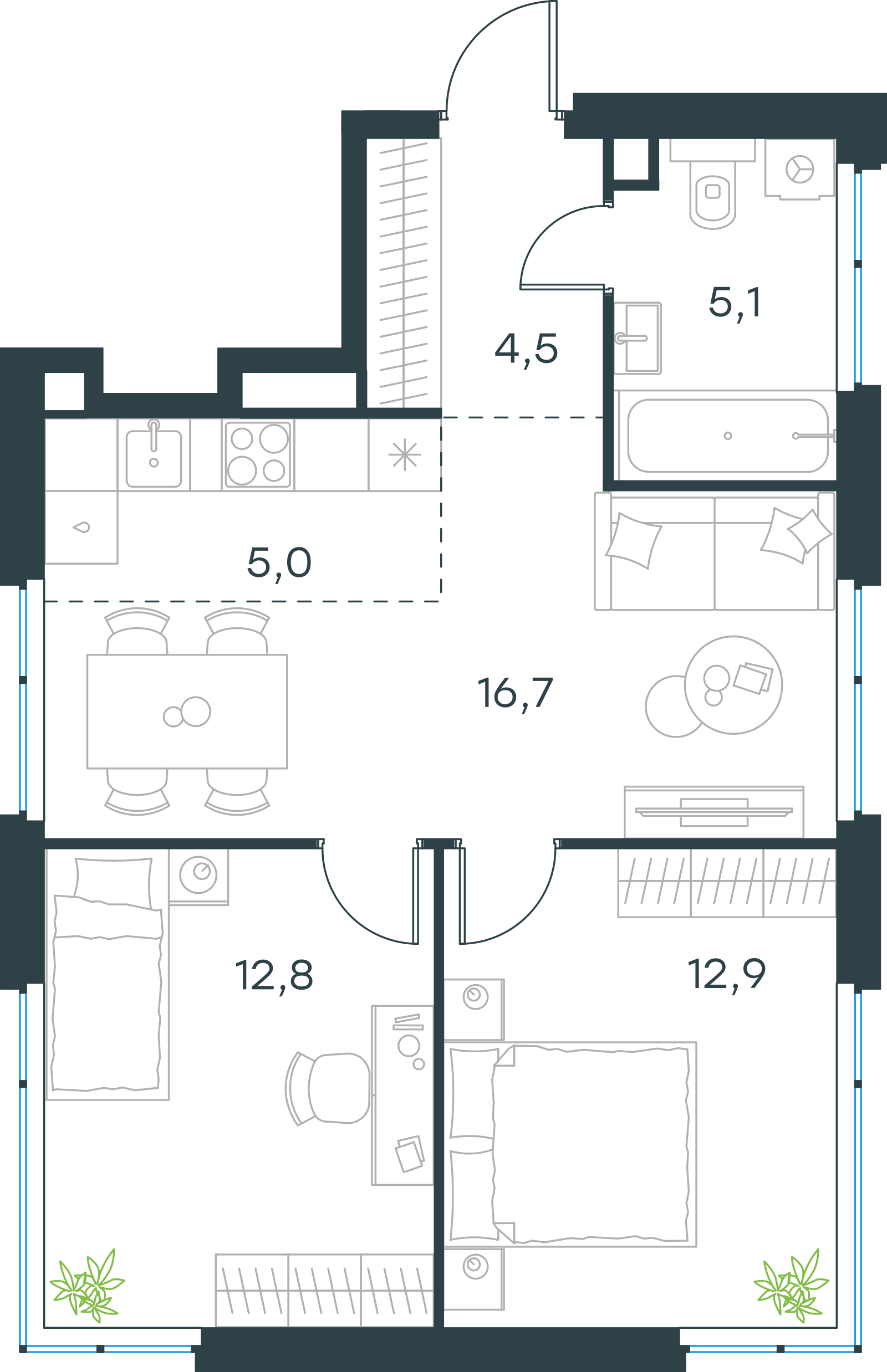 Планировка: 3-комнатная, 57 м²