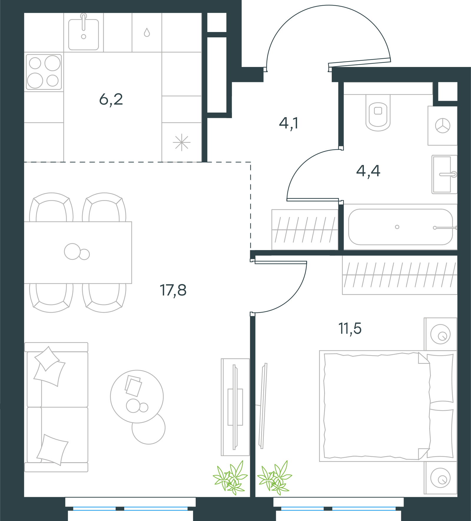 Планировка: 2-комнатная, 44 м²