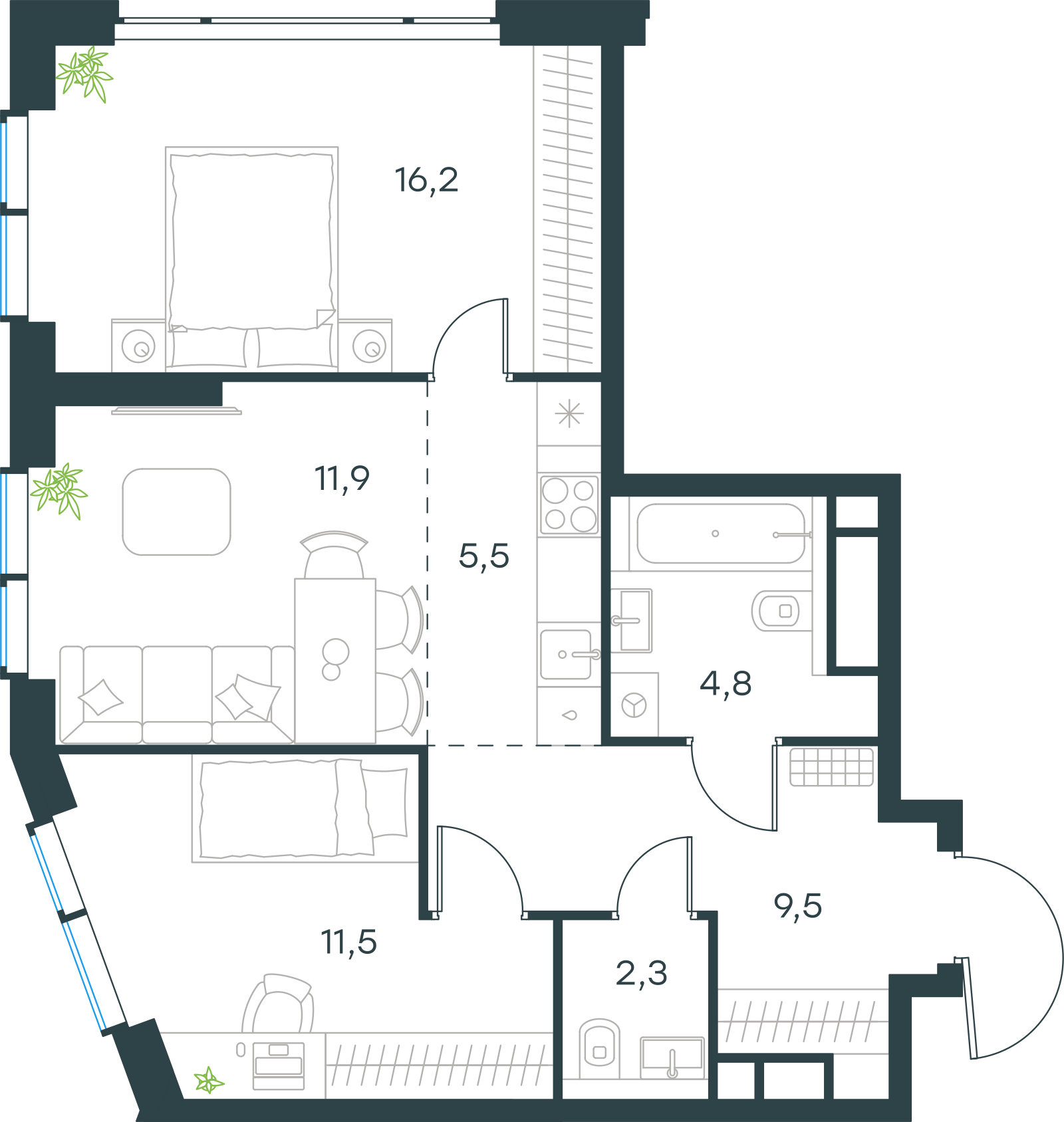 Планировка: 3-комнатная, 61,7 м²