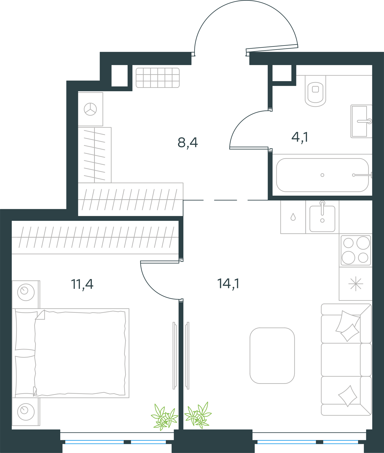 Планировка: 1-комнатная, 38 м²