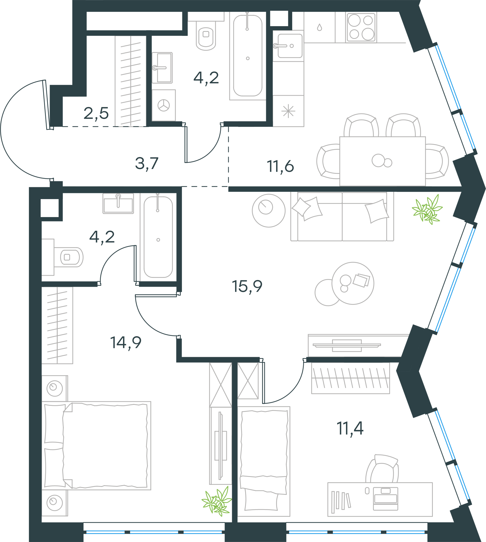 Планировка: 3-комнатная, 68,4 м²