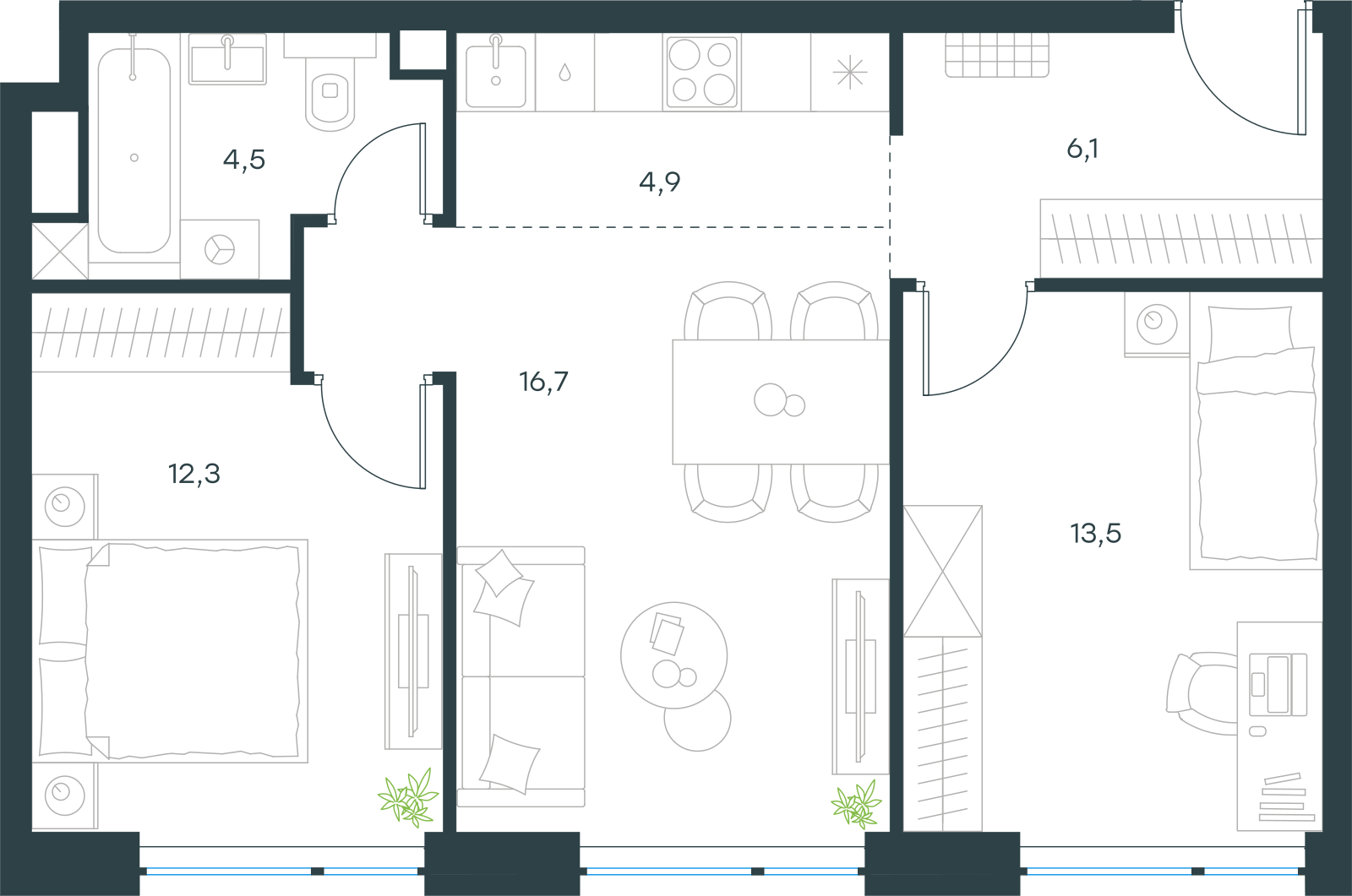 Планировка: 3-комнатная, 58 м²