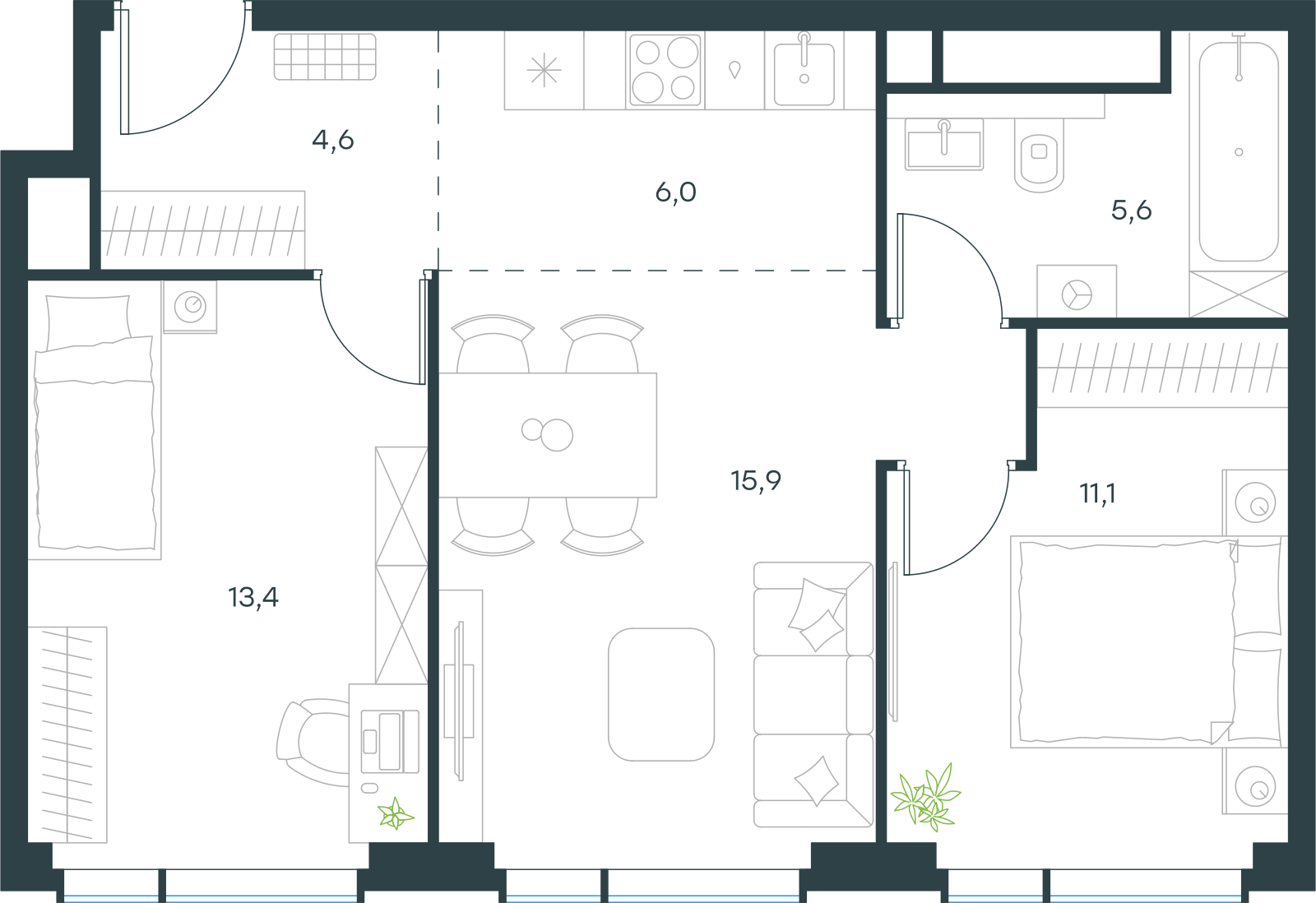 Планировка: Пентхаус, 56,6 м²