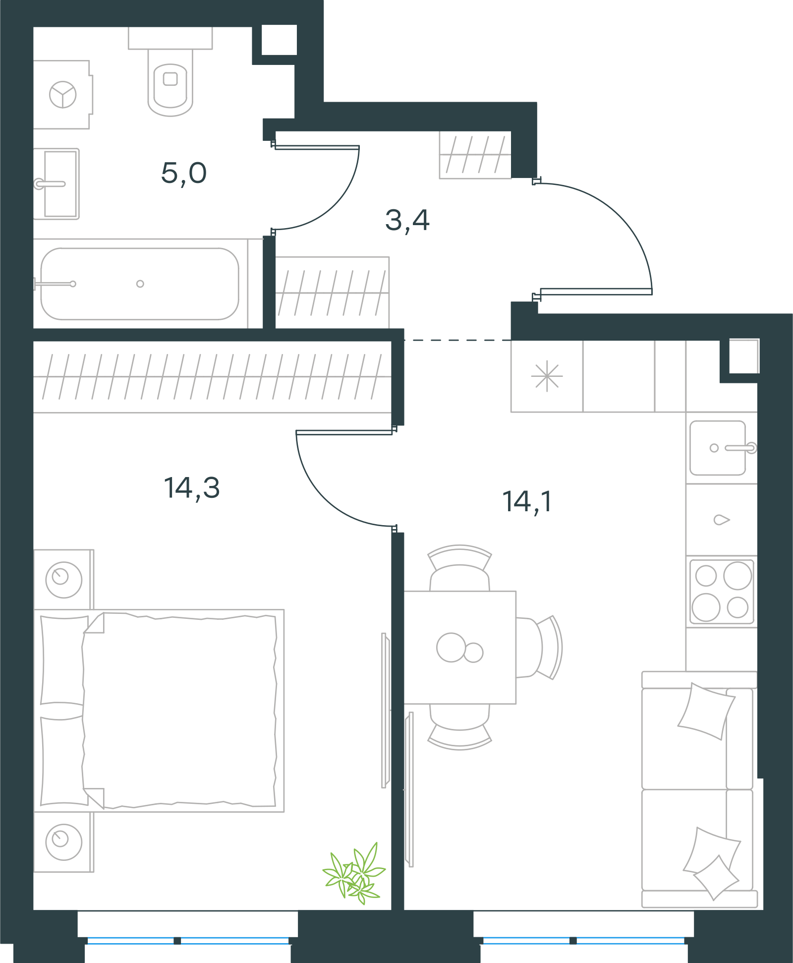 Планировка: 1-комнатная, 36,8 м²