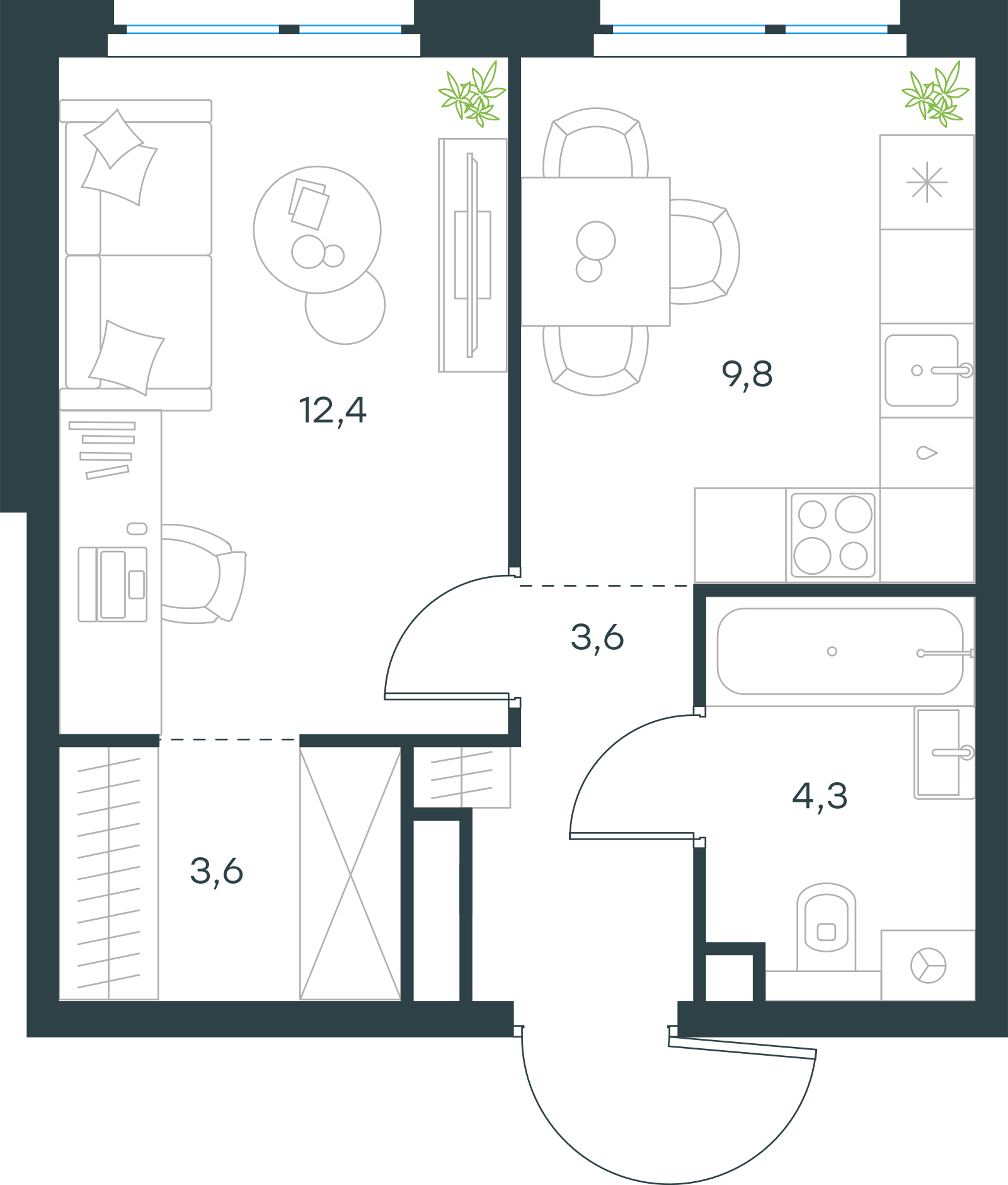 Планировка: 1-комнатная, 33,7 м²