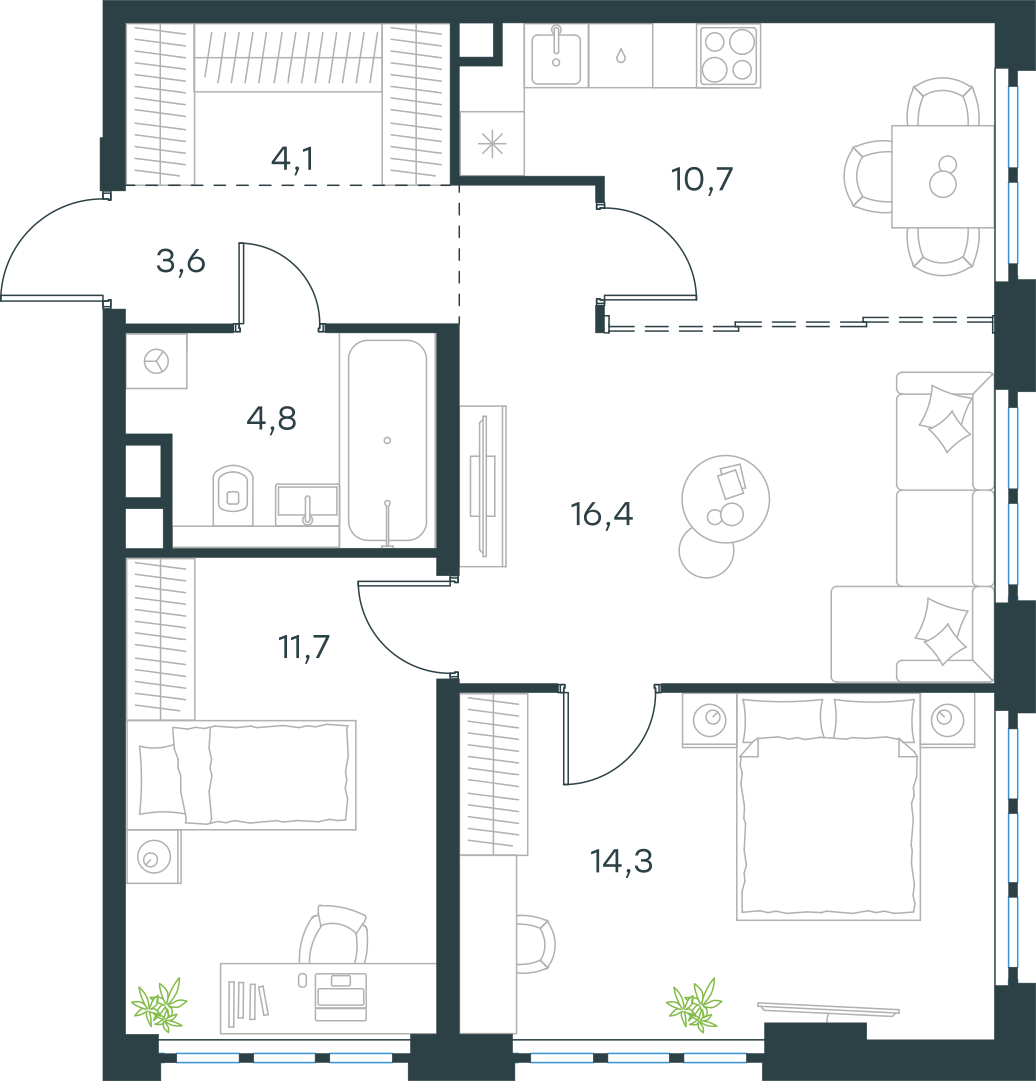 Планировка: 3-комнатная, 65,6 м²