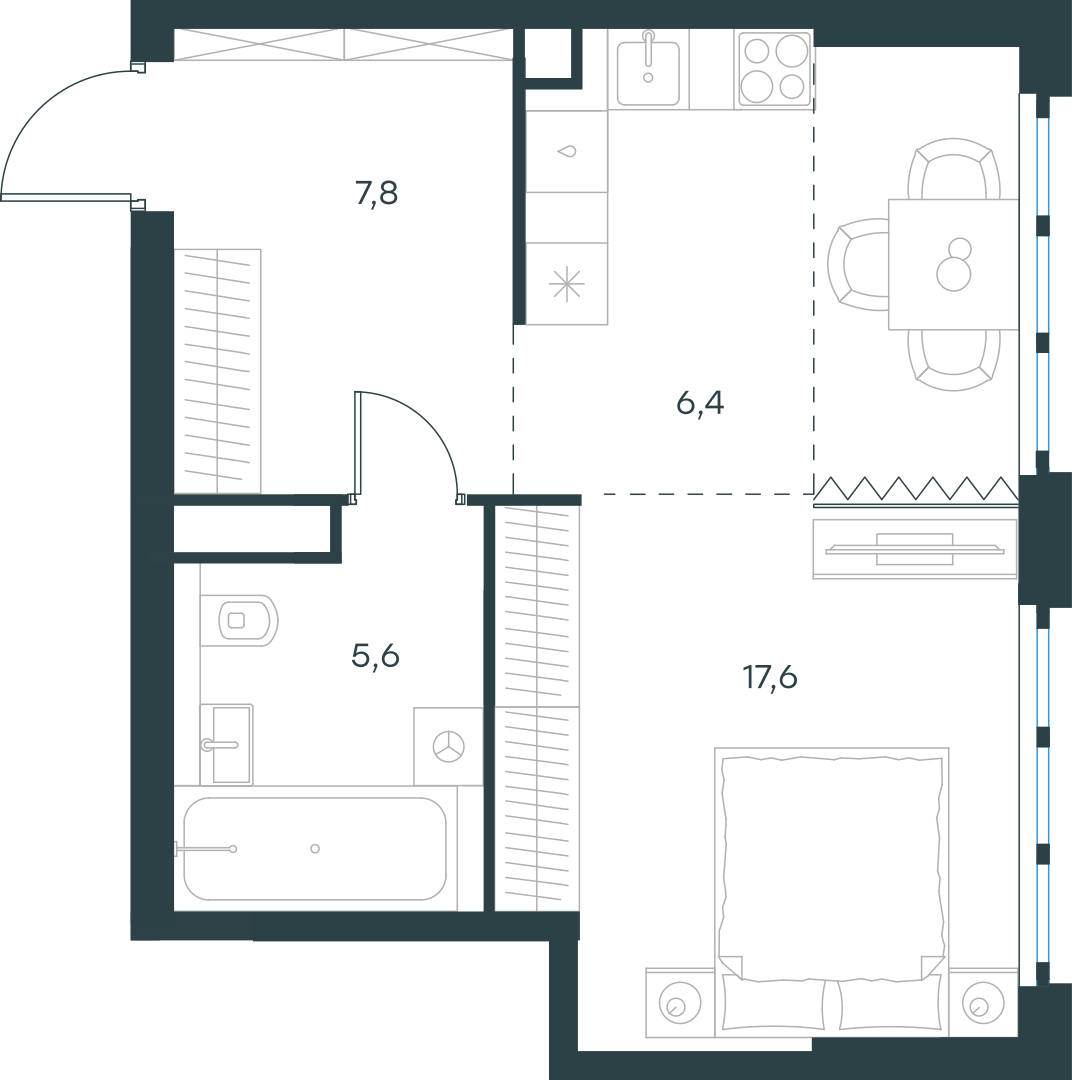 Планировка: 1-комнатная, 37,4 м²