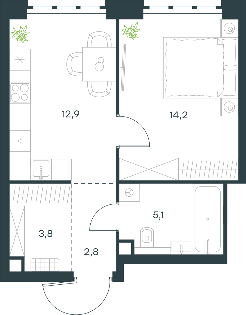 Планировка: 1-комнатная, 38,8 м²