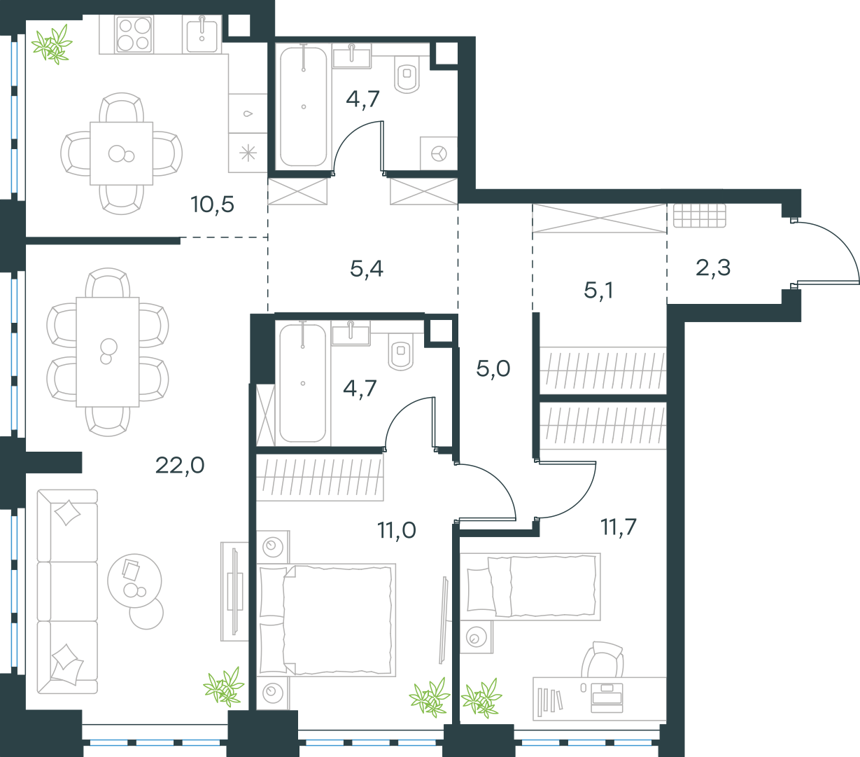 Планировка: 3-комнатная, 82,4 м²