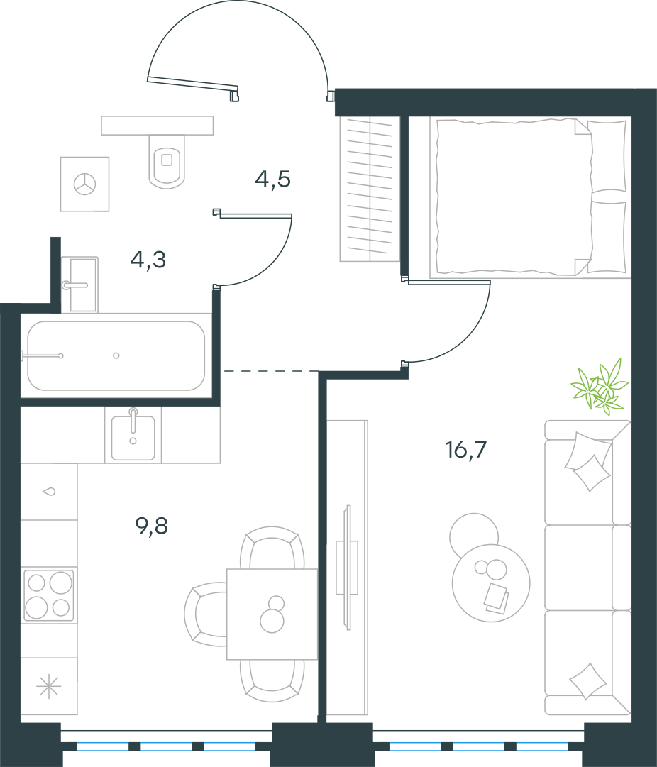 Планировка: 1-комнатная, 35,3 м²