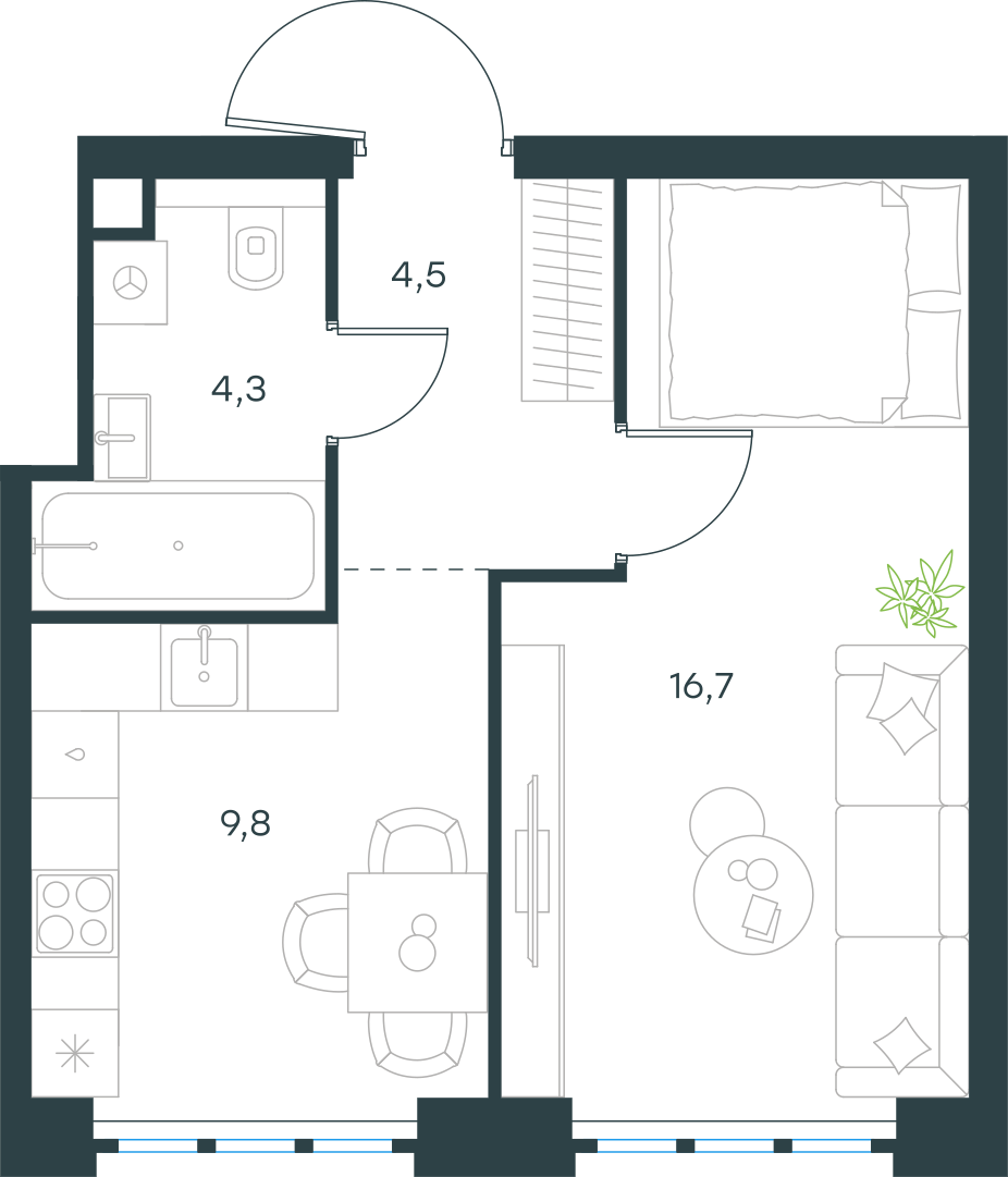 Планировка: 1-комнатная, 35,3 м²
