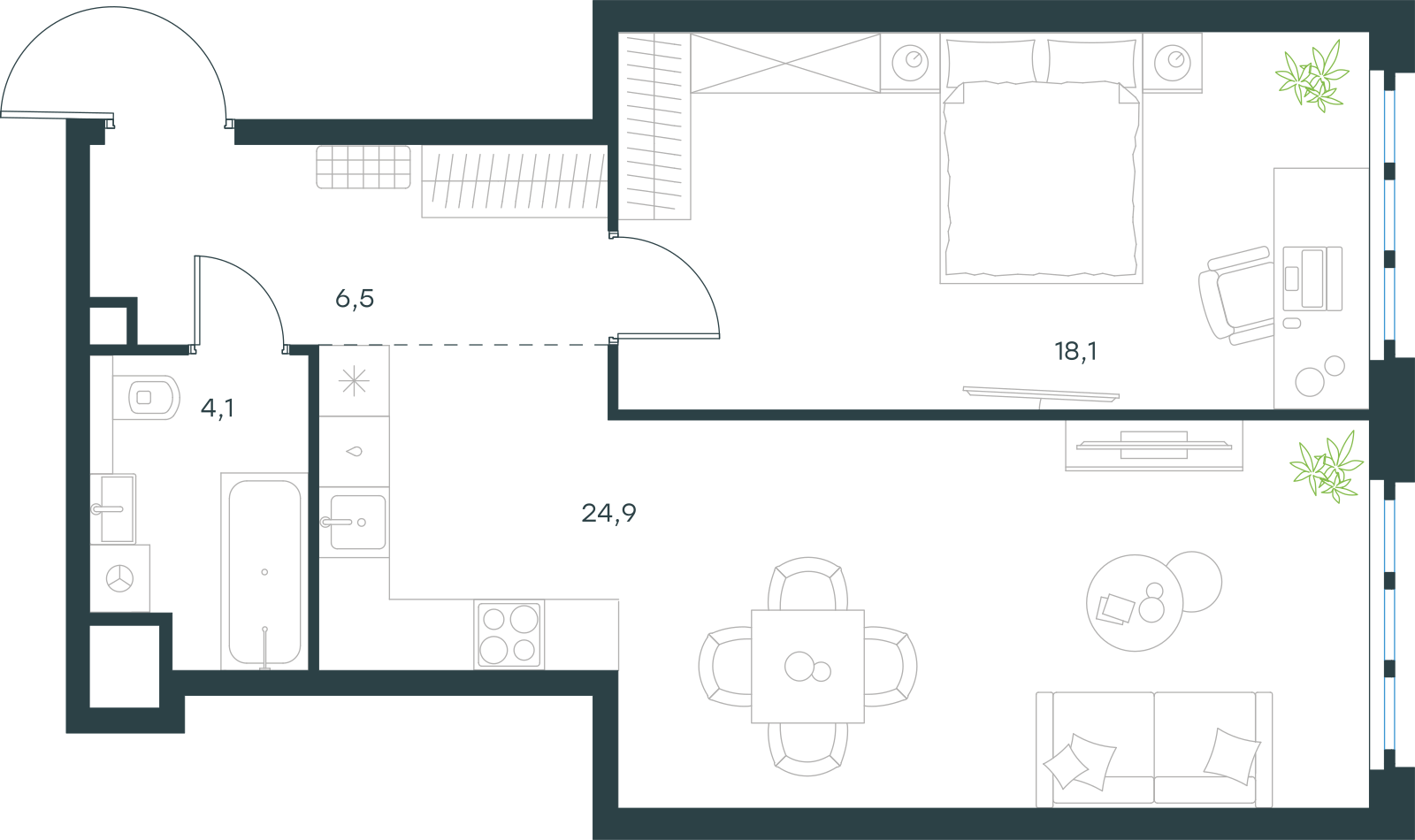 Планировка: 1-комнатная, 53,6 м²