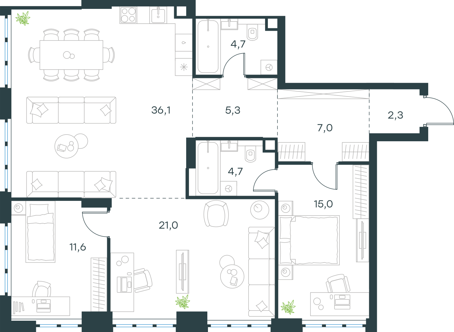 Планировка: 3-комнатная, 107,7 м²